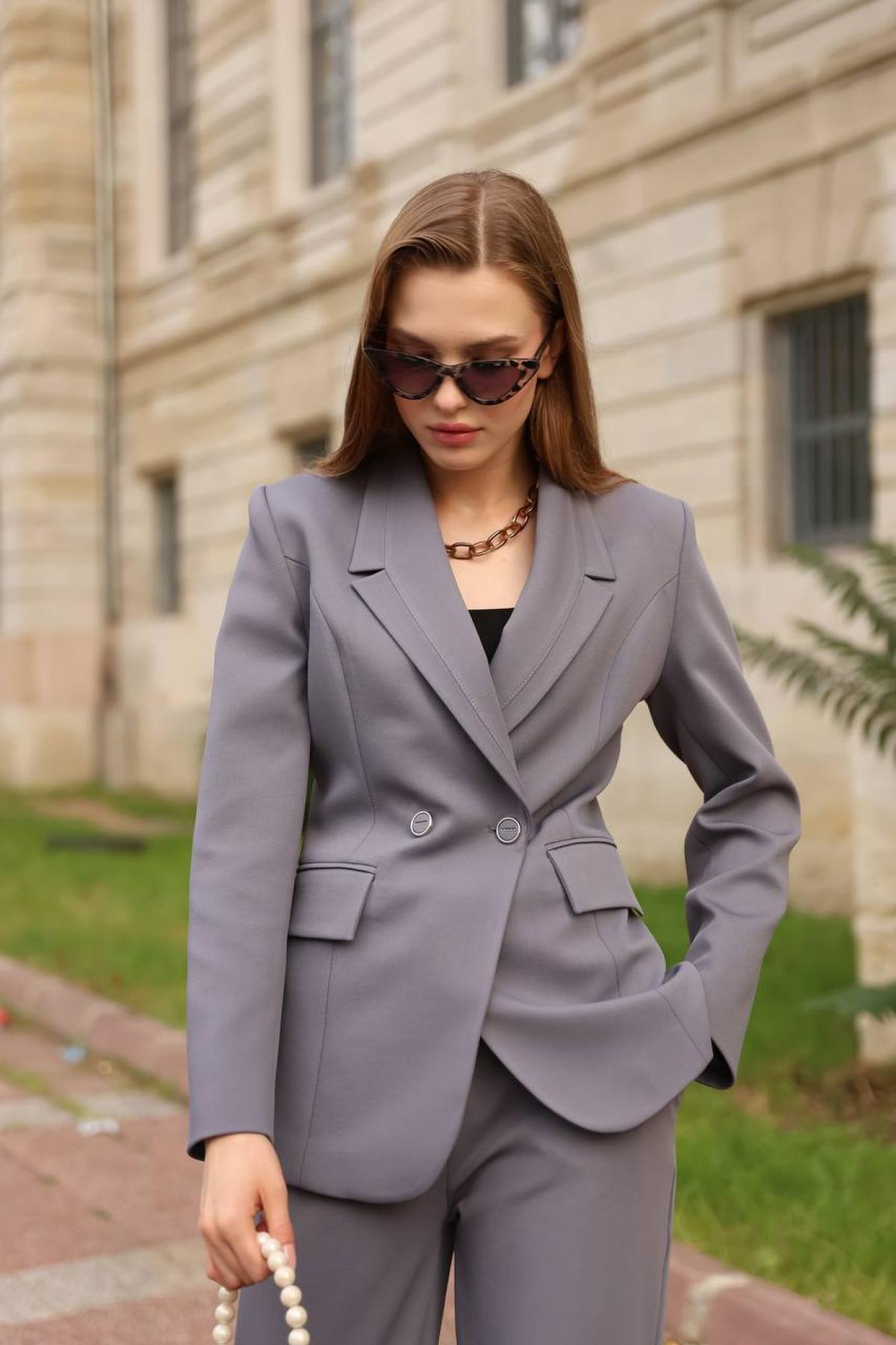 Wholesale Women  Smoke Gray Two Piece Suit Blazer and Pants Set 718316