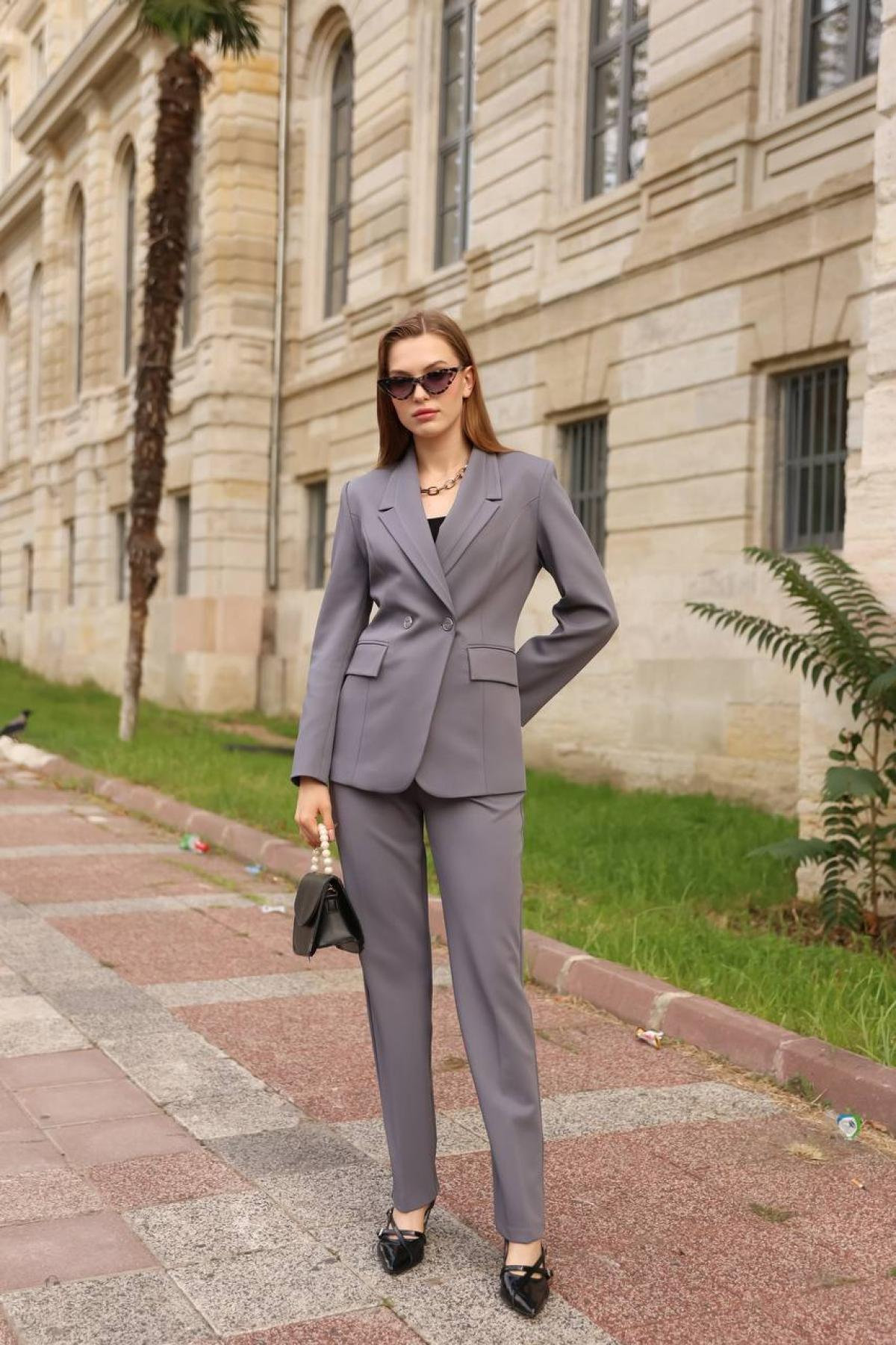 Wholesale Women  Smoke Gray Two Piece Suit Blazer and Pants Set 718316