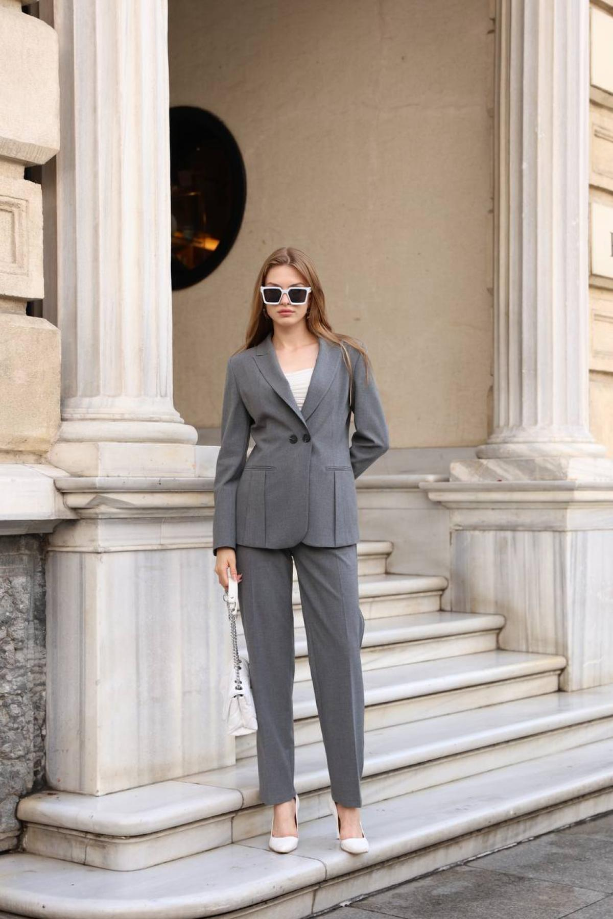Wholesale Women  Smoke Gray Two Piece Suit Blazer and Pants Set 718317