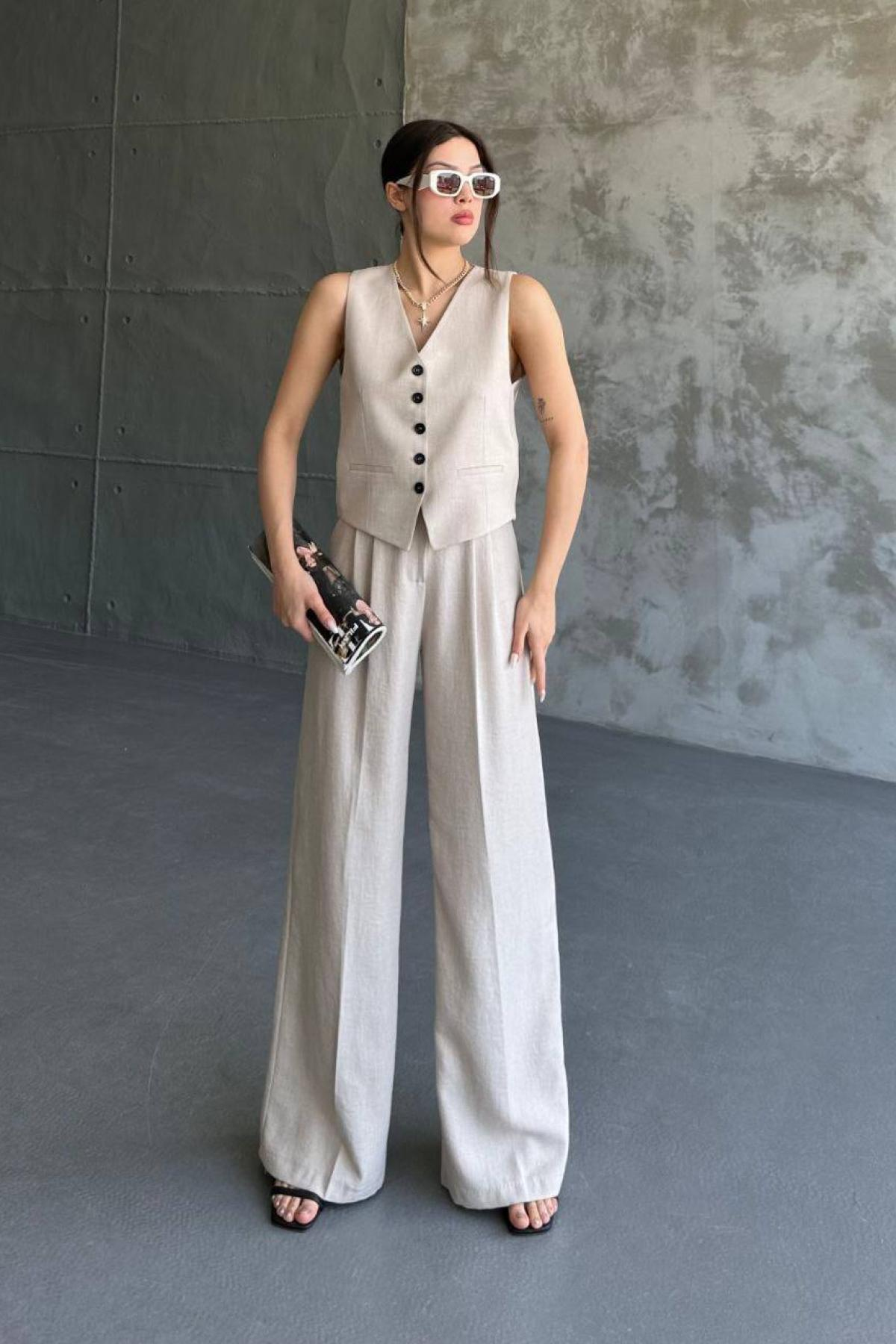Wholesale Women Stone Linen Suit Vest and Trouser Set 730915