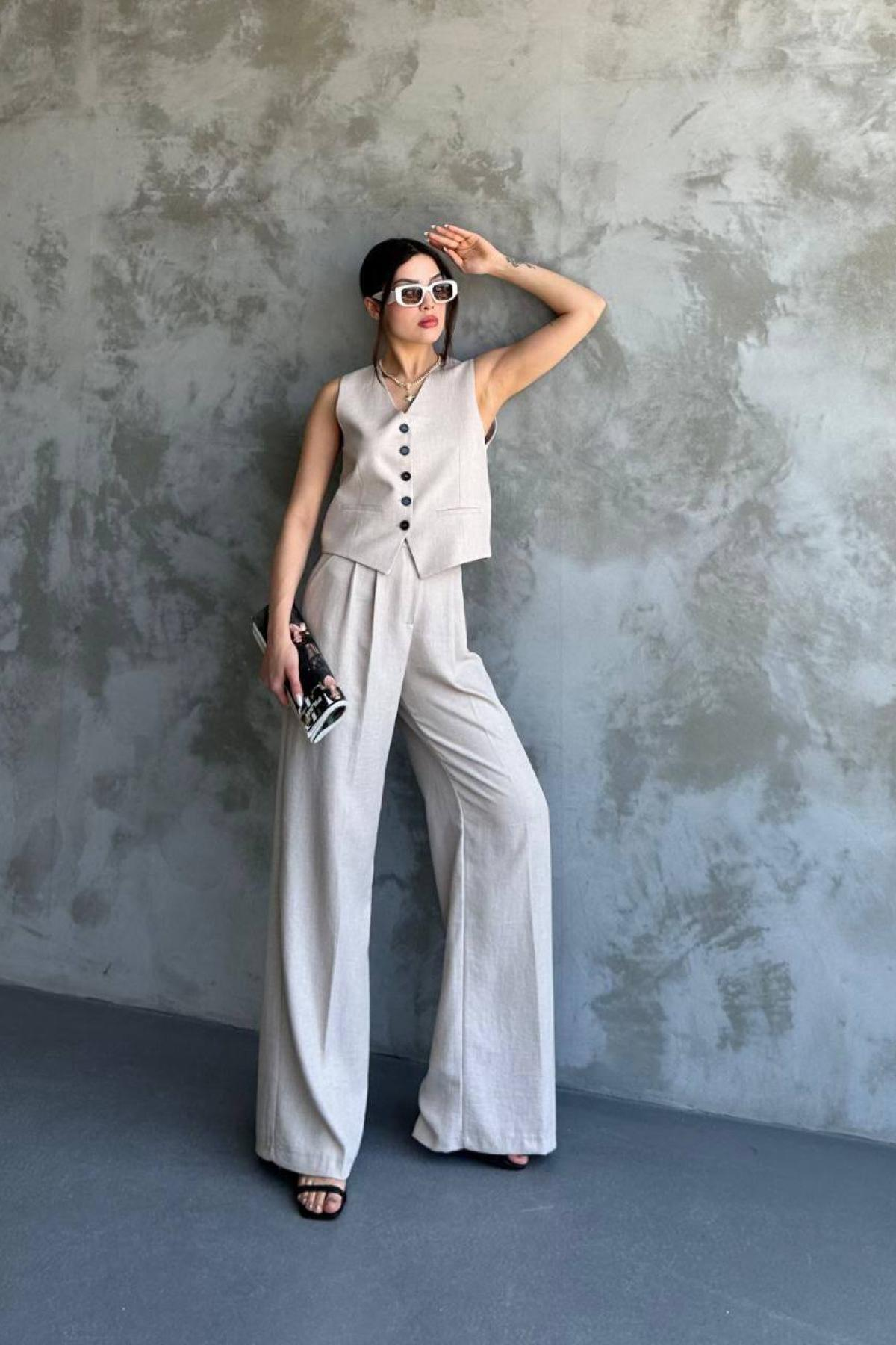 Wholesale Women Stone Linen Suit Vest and Trouser Set 730915