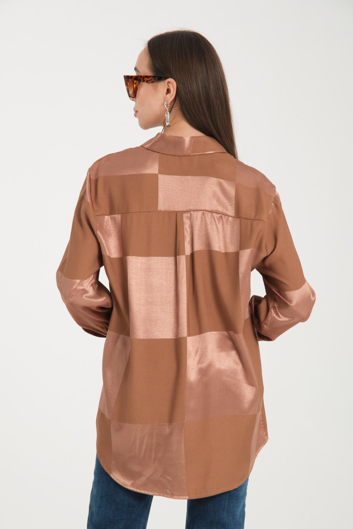 Wholesale Women Tobacco Brown Rhinestones Satin Shirt 717132