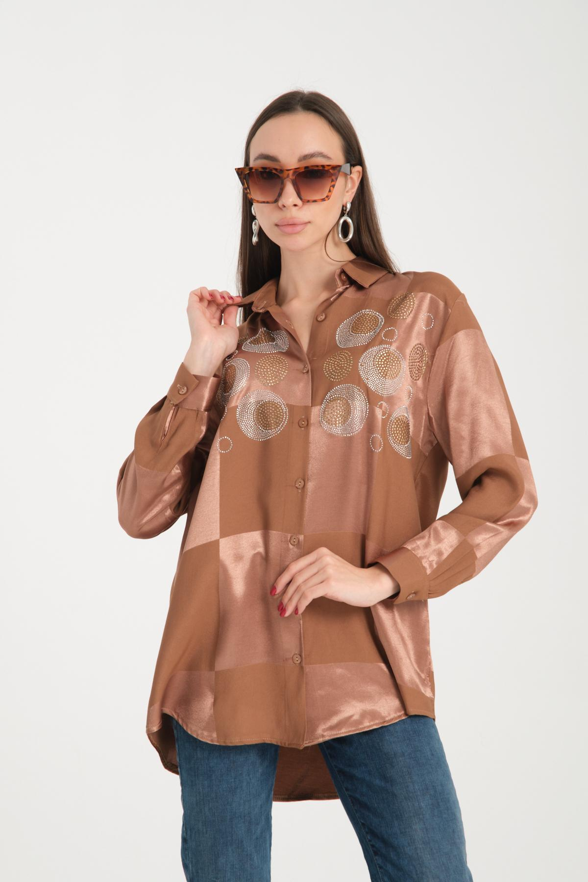 Wholesale Women Tobacco Brown Rhinestones Satin Shirt 717132
