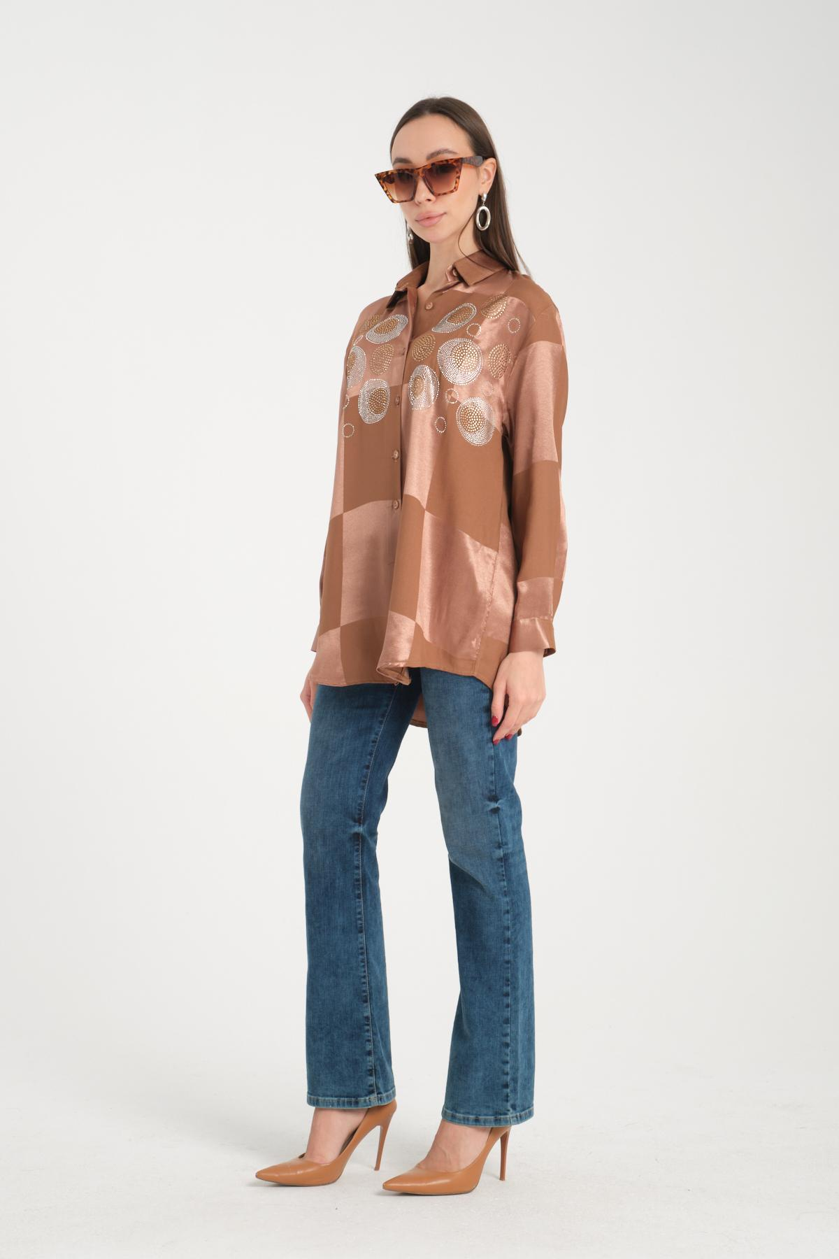 Wholesale Women Tobacco Brown Rhinestones Satin Shirt 717132