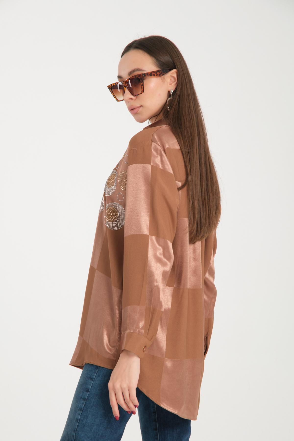 Wholesale Women Tobacco Brown Rhinestones Satin Shirt 717132