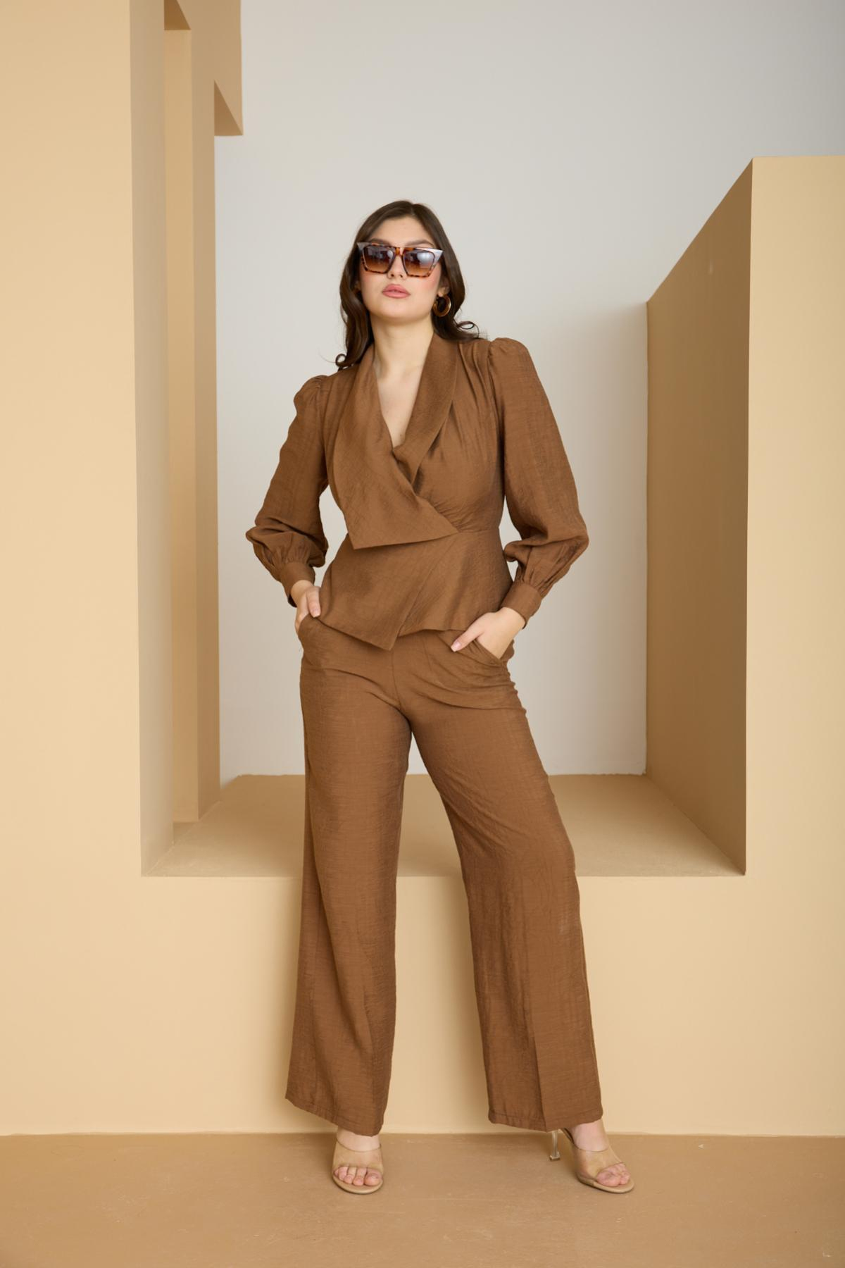 Wholesale Women Tobacco Brown Two Piece Suit - Wrap Blazer with Bishop Sleeves and Wide-Leg Pants Set 729228