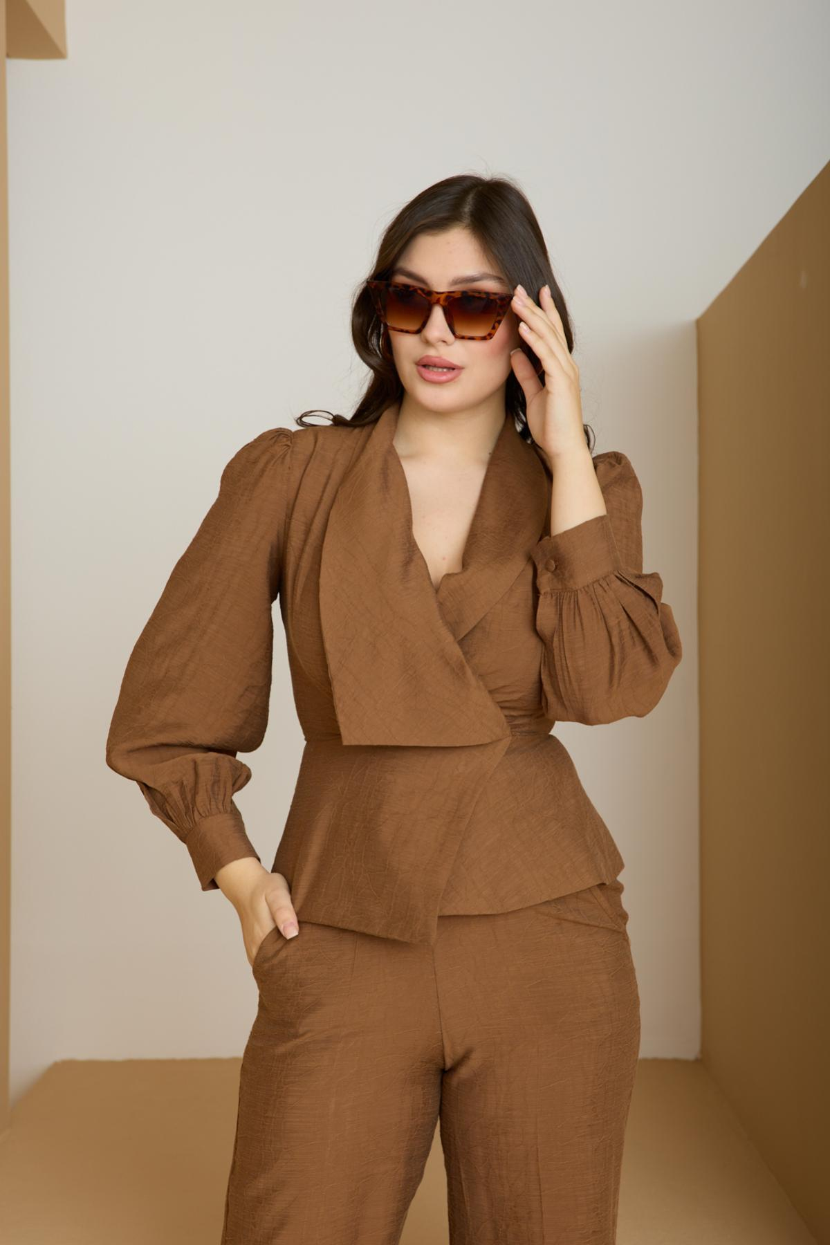 Wholesale Women Tobacco Brown Two Piece Suit - Wrap Blazer with Bishop Sleeves and Wide-Leg Pants Set 729228