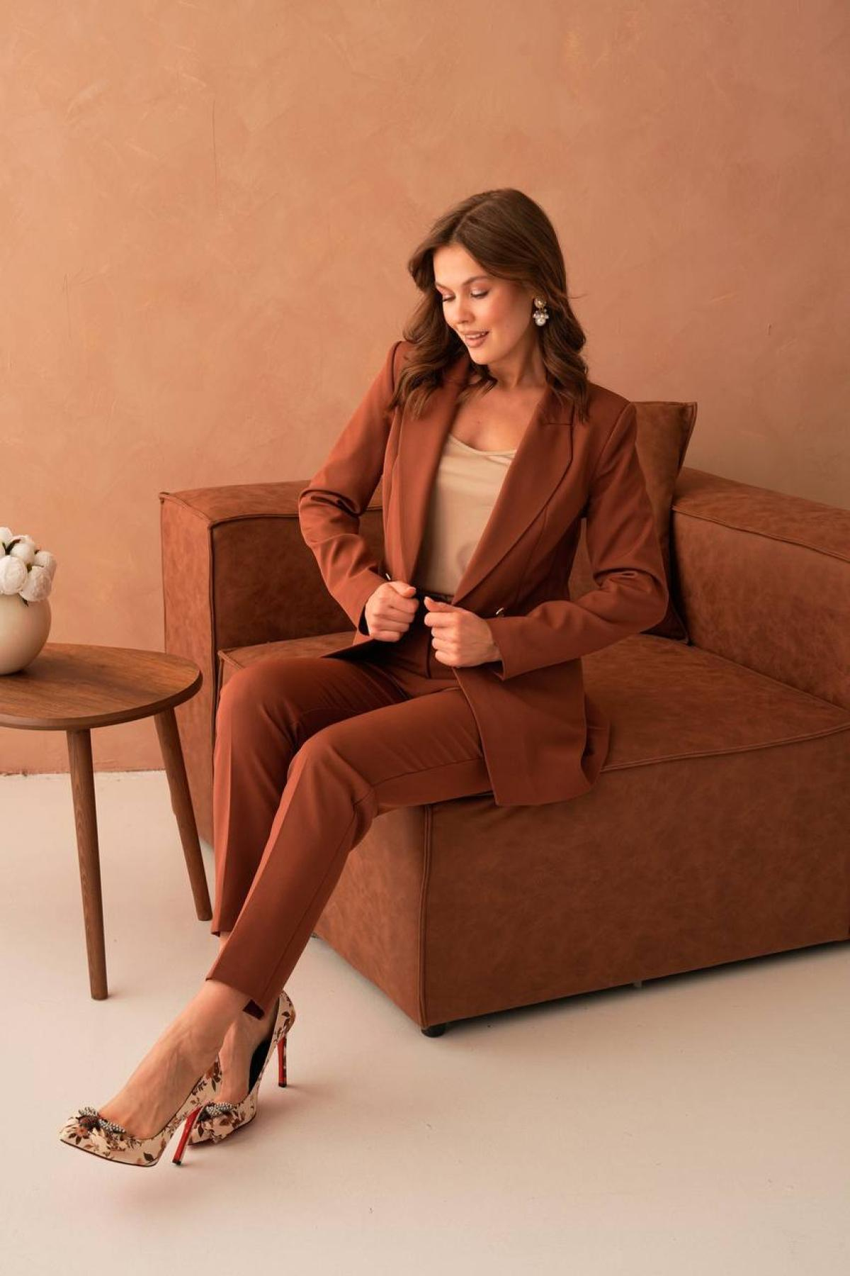 Wholesale Women Tobacco Brown Two Piece Suit - Blazer and Pants Set 733583