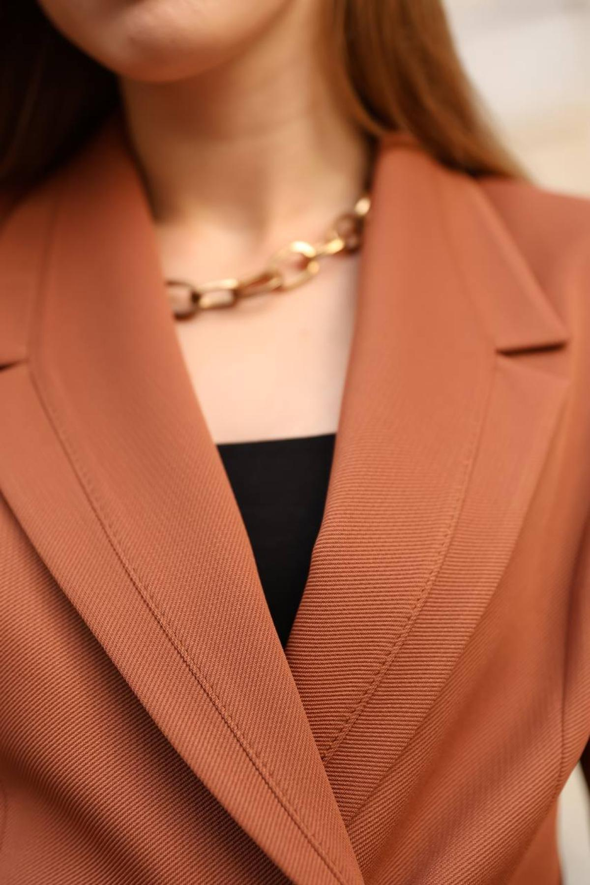 Wholesale Women Tobacco Brown Two Piece Suit Blazer and Pants Set 718314