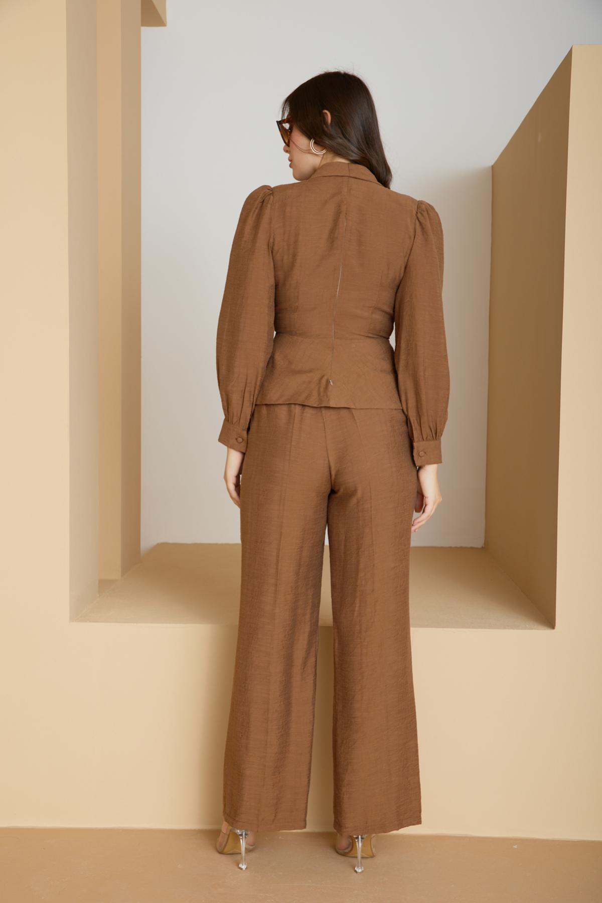 Wholesale Women Tobacco Brown Two Piece Suit - Wrap Blazer with Bishop Sleeves and Wide-Leg Pants Set 729228