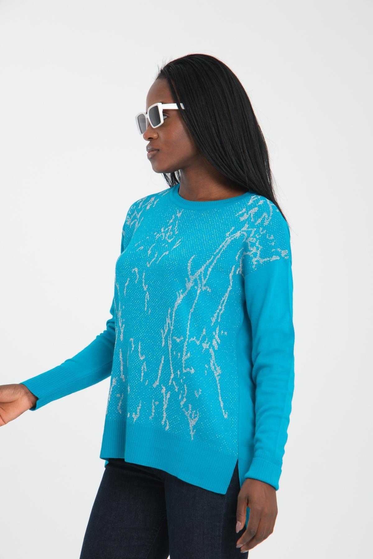 Wholesale Women Turquoise Glitter Crew-Neck Sweaters 710993