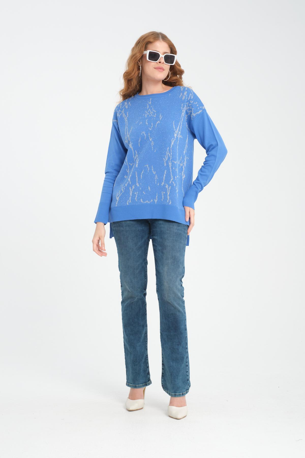 Wholesale Women Vista Blue Glitter Crew-Neck Sweaters 710994
