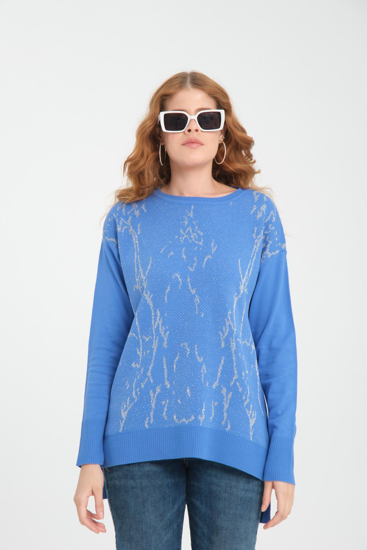 Wholesale Women Vista Blue Glitter Crew-Neck Sweaters 710994