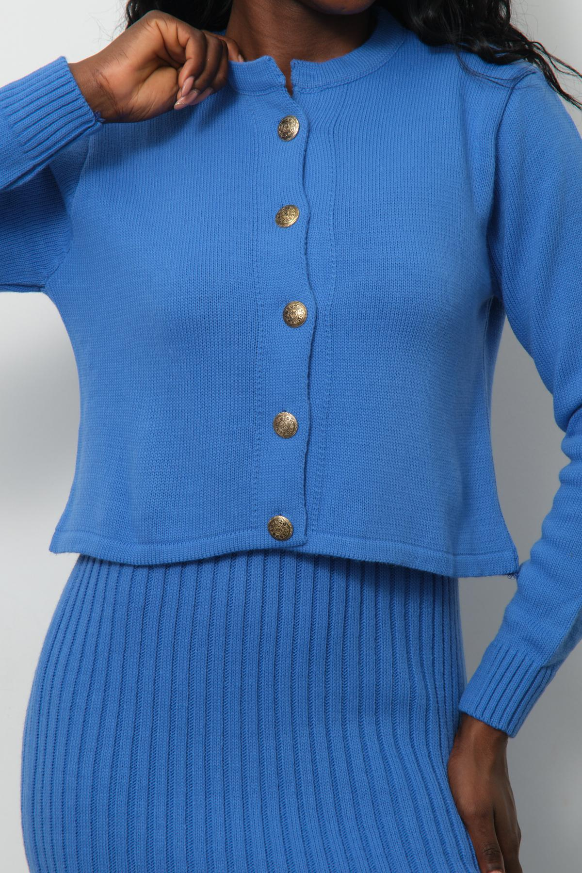 Wholesale Women Vista Blue Knitted Dress and Cardigan Set 713308