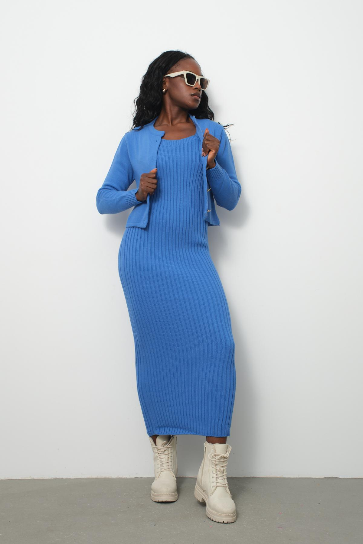 Wholesale Women Vista Blue Knitted Dress and Cardigan Set 713308
