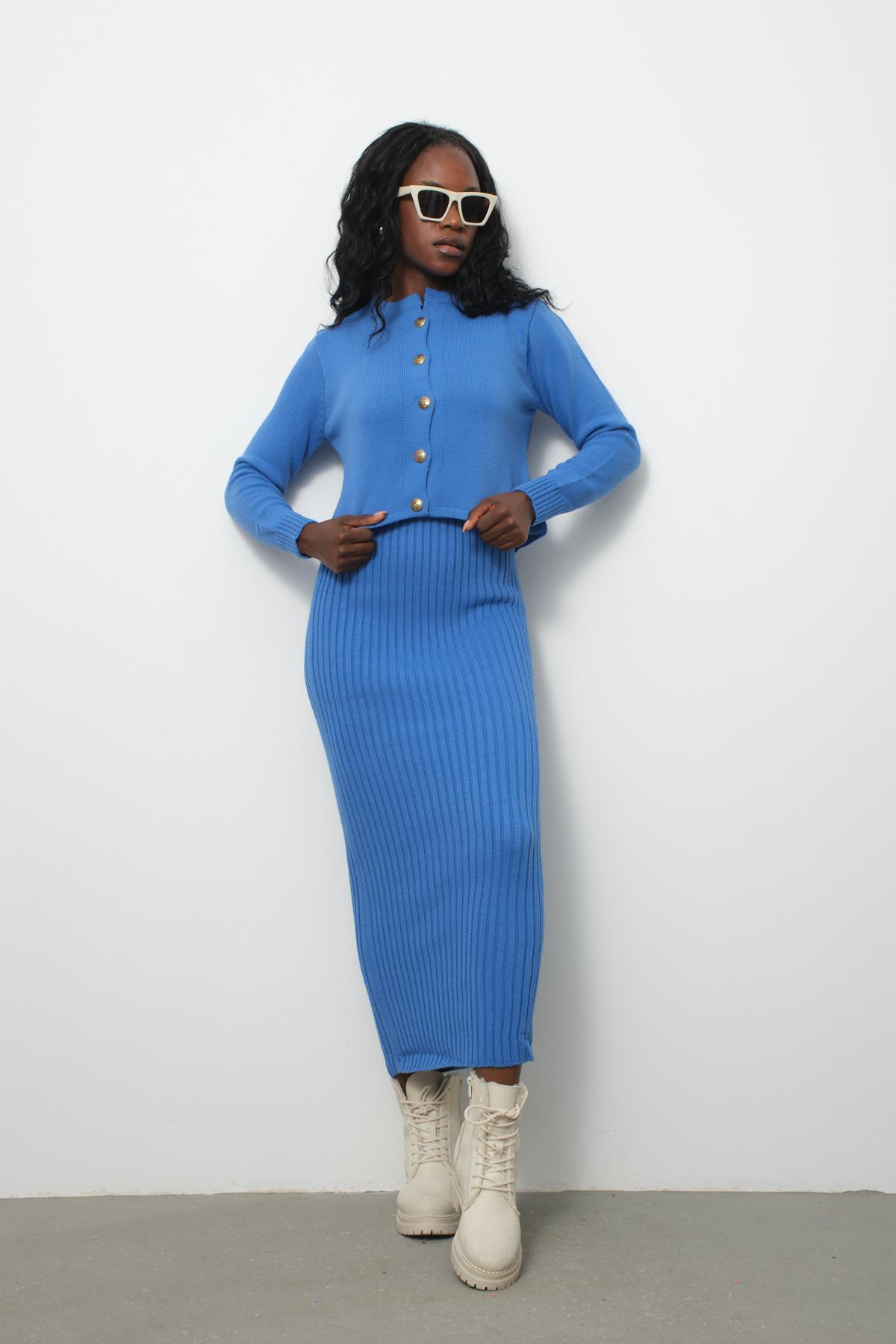 Wholesale Women Vista Blue Knitted Dress and Cardigan Set 713308