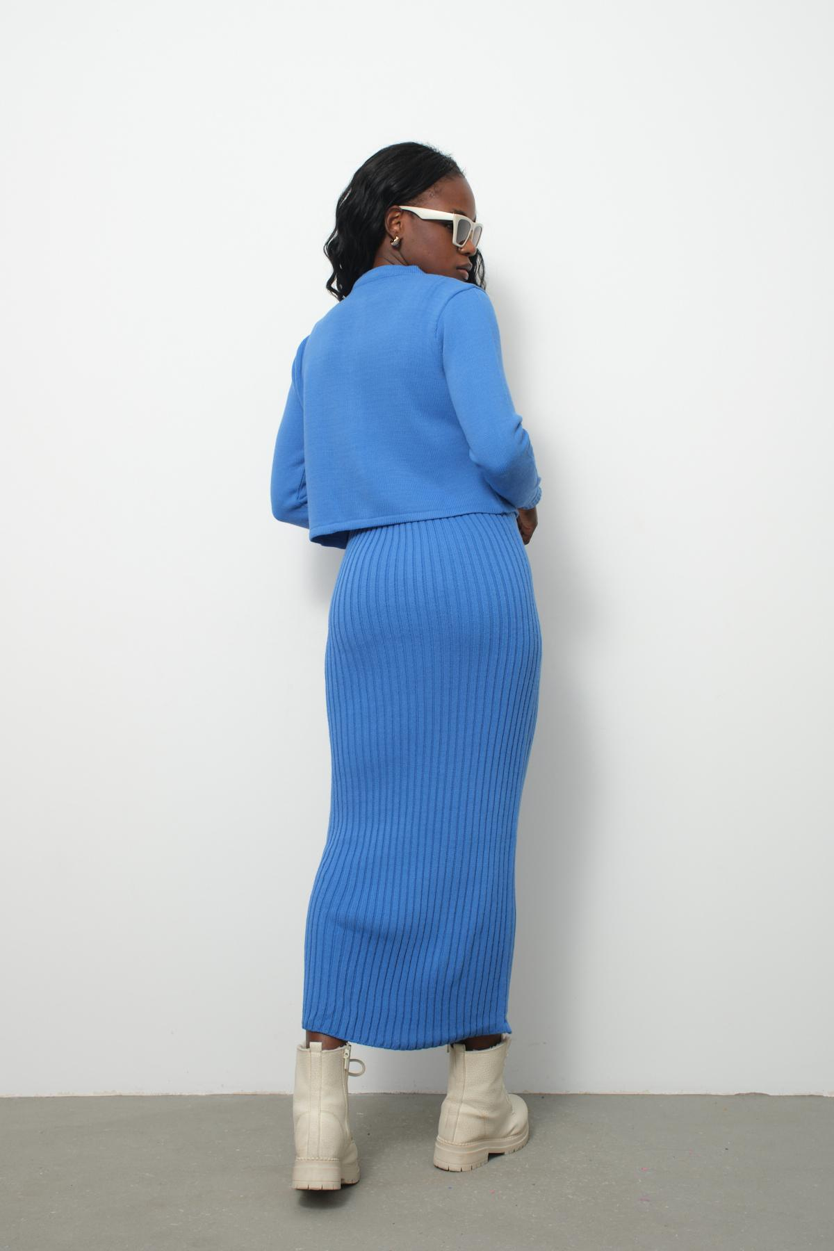 Wholesale Women Vista Blue Knitted Dress and Cardigan Set 713308