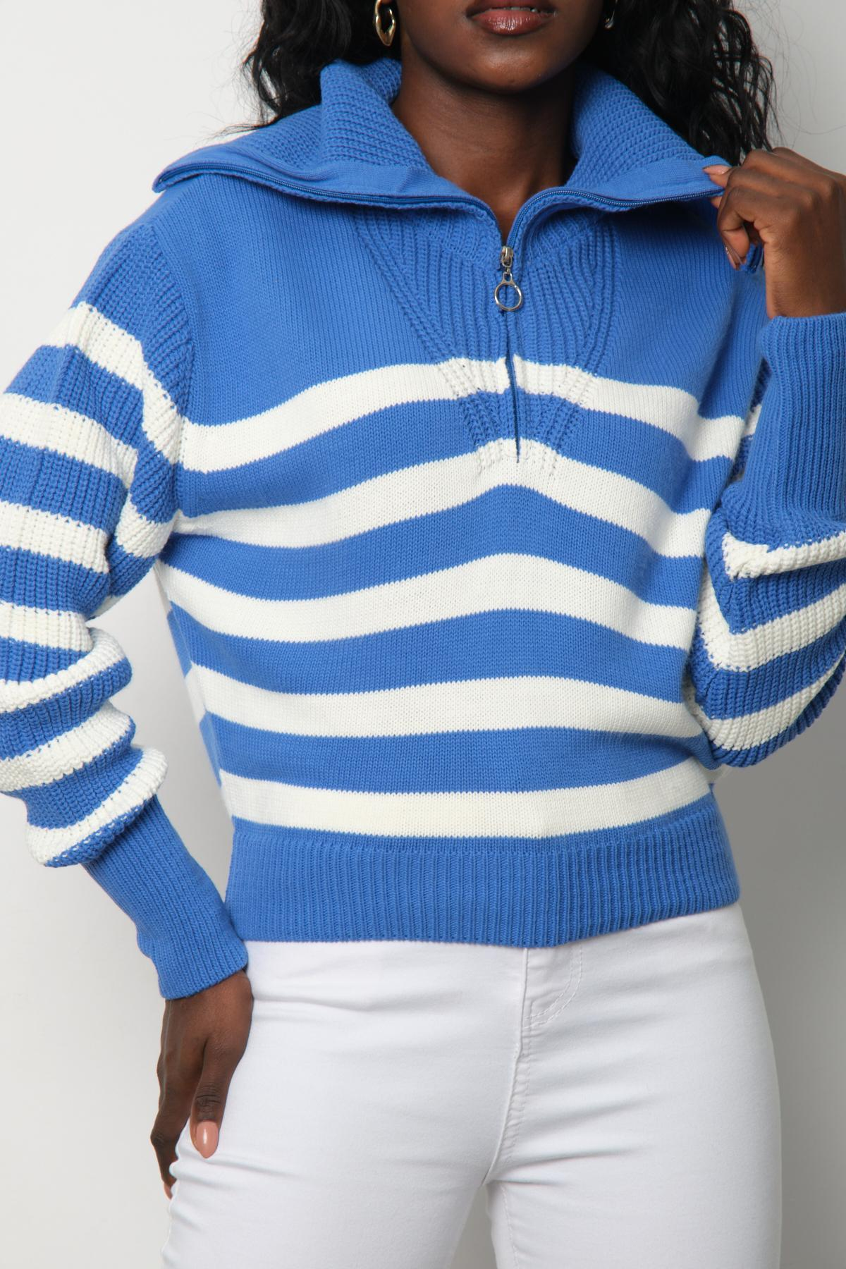 Wholesale Women Vista Blue Striped Zip Neck Knit Blouse 713318
