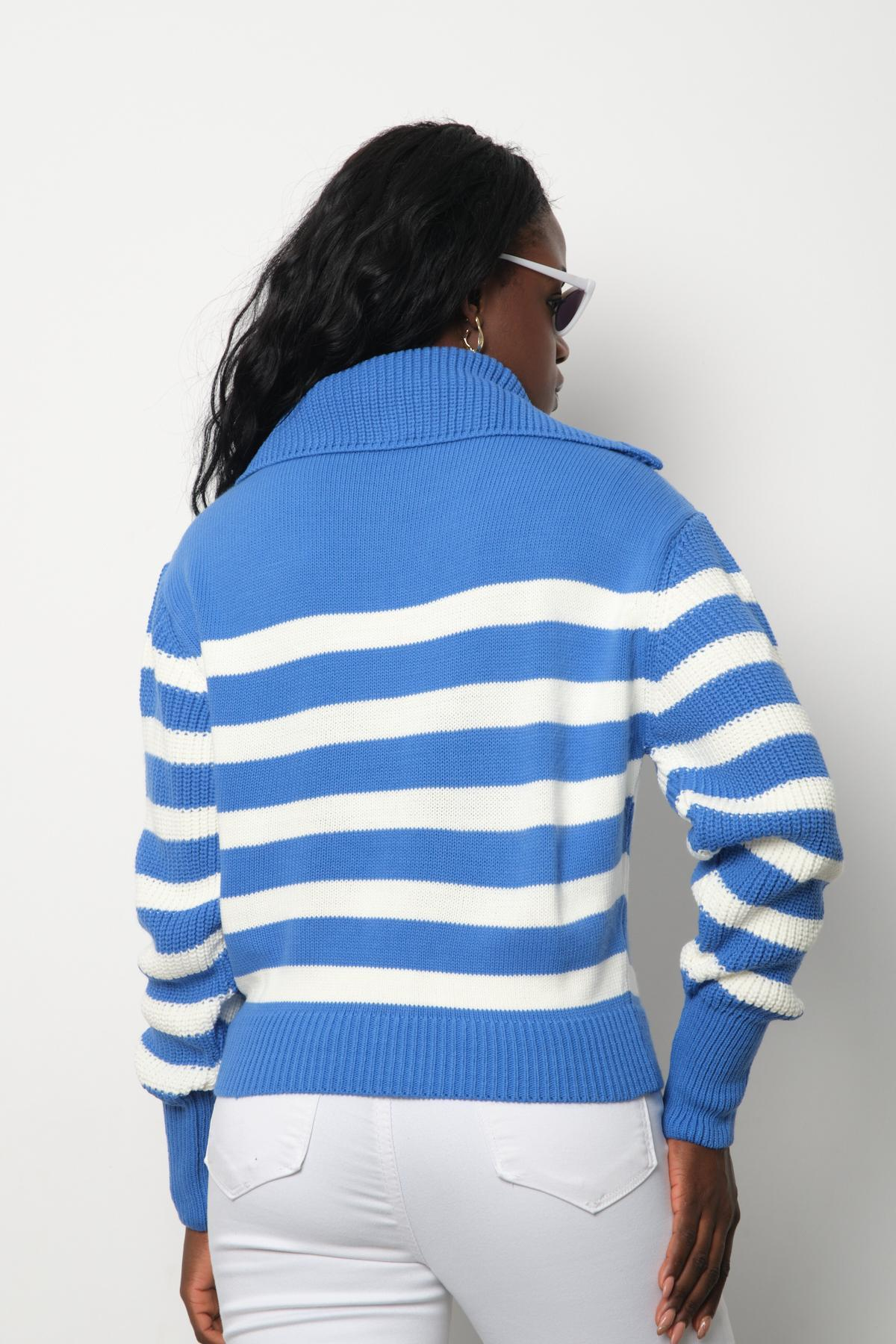 Wholesale Women Vista Blue Striped Zip Neck Knit Blouse 713318