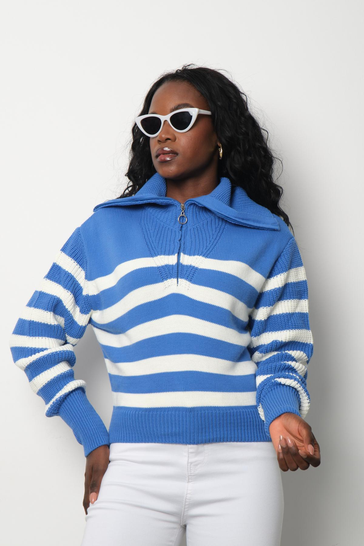 Wholesale Women Vista Blue Striped Zip Neck Knit Blouse 713318