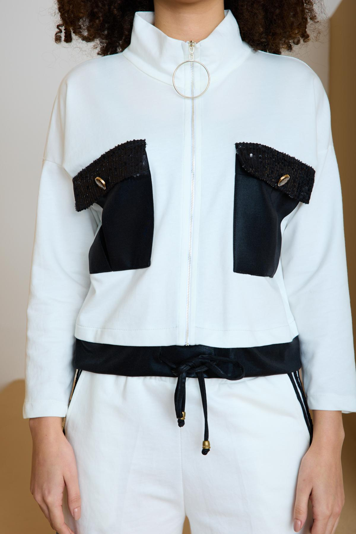 Wholesale Women White-Black Zip Up Cropped Jacket and Side Stripes Pants Set 729242