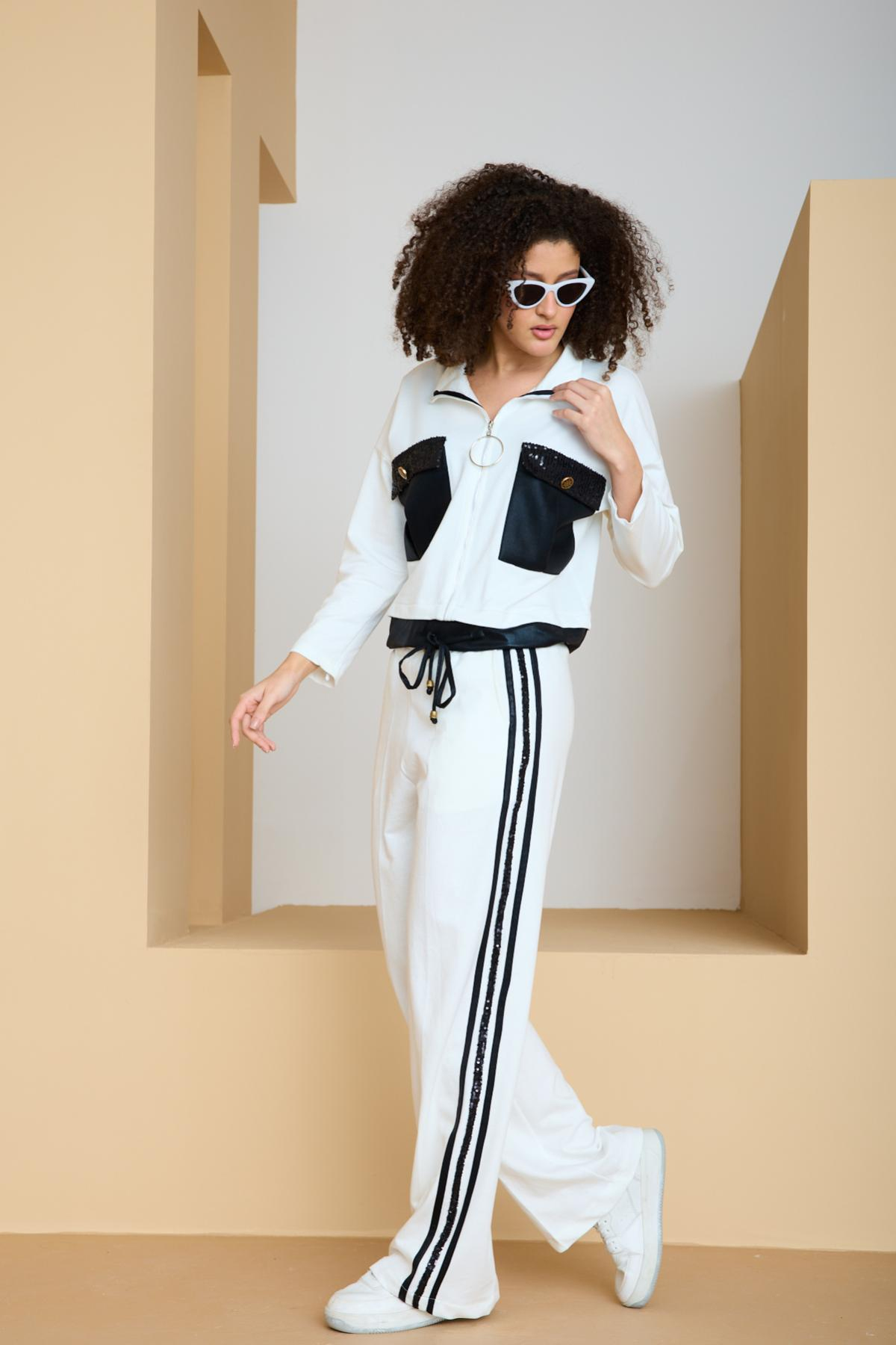 Wholesale Women White-Black Zip Up Cropped Jacket and Side Stripes Pants Set 729242