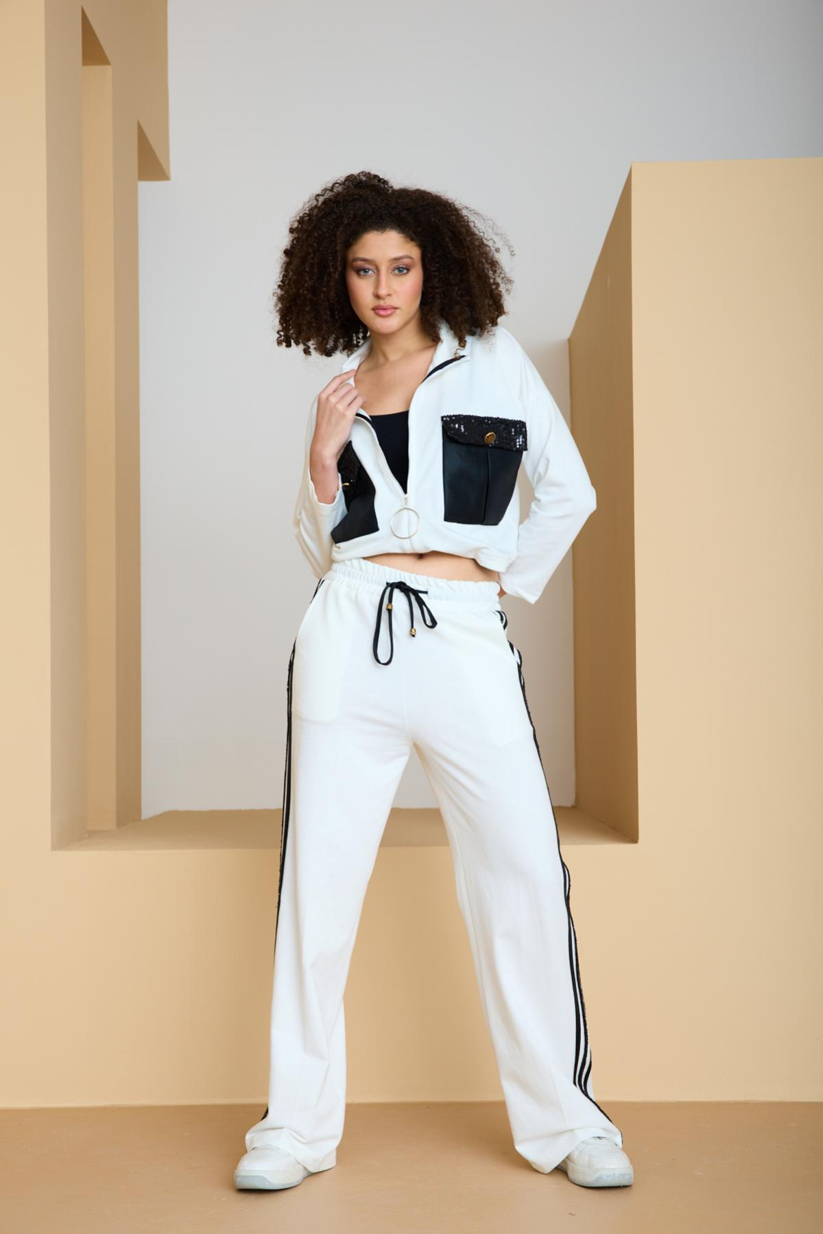 Wholesale Women White-Black Zip Up Cropped Jacket and Side Stripes Pants Set 729242