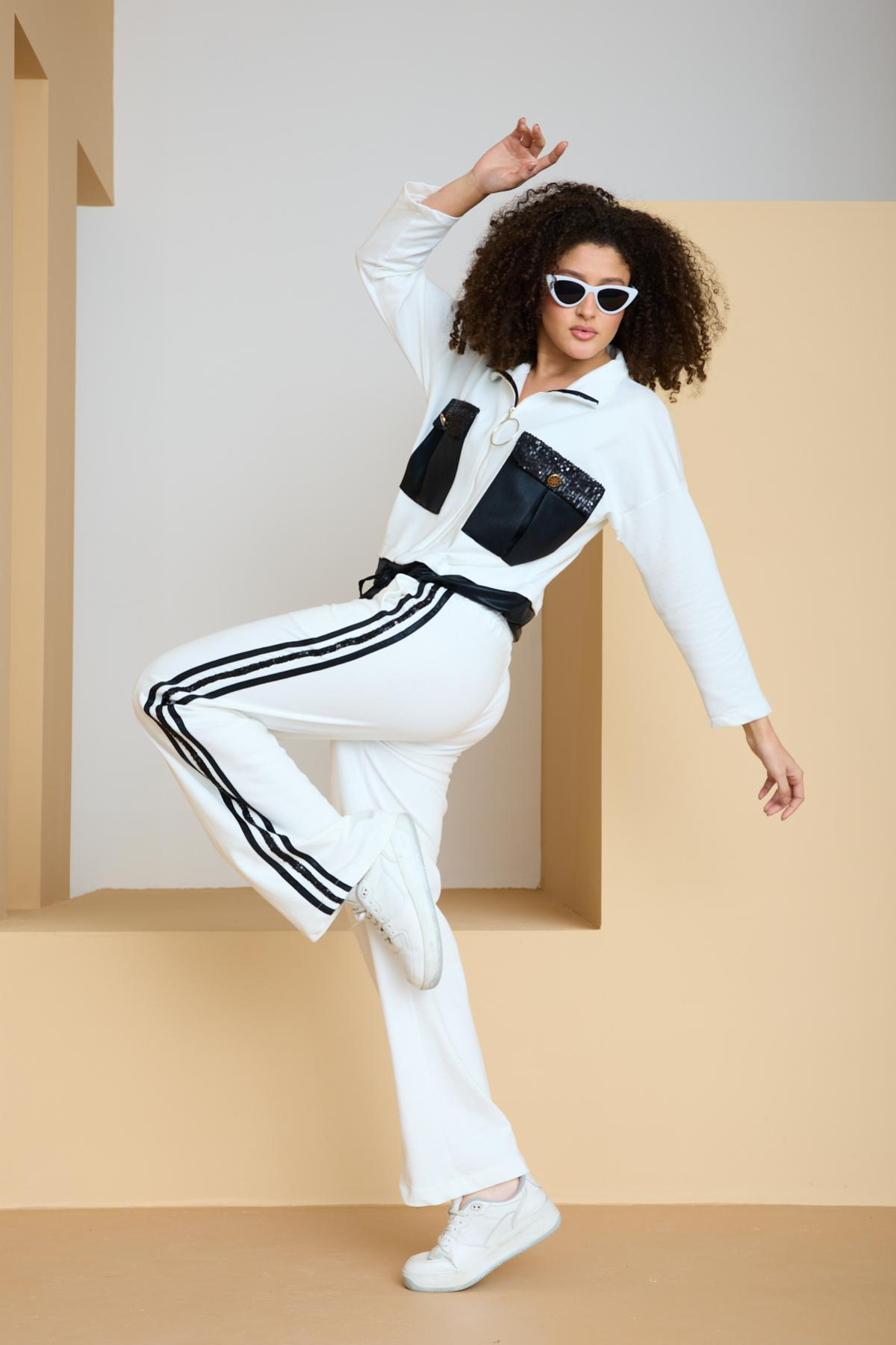 Wholesale Women White-Black Zip Up Cropped Jacket and Side Stripes Pants Set 729242