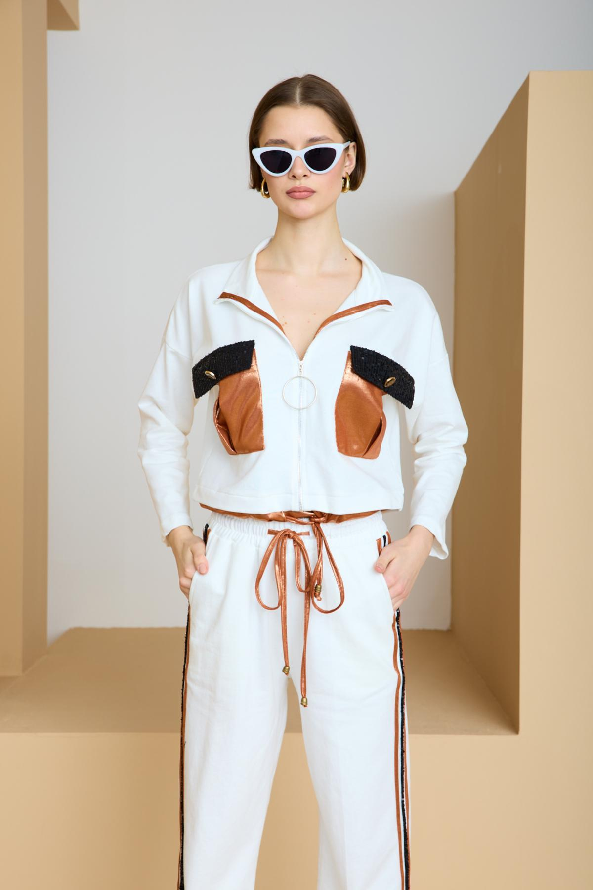 Wholesale Women White-Copper Zip Up Cropped Jacket and Side Stripes Pants Set 729240