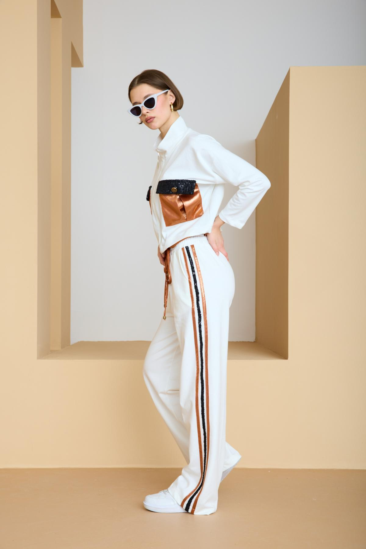 Wholesale Women White-Copper Zip Up Cropped Jacket and Side Stripes Pants Set 729240