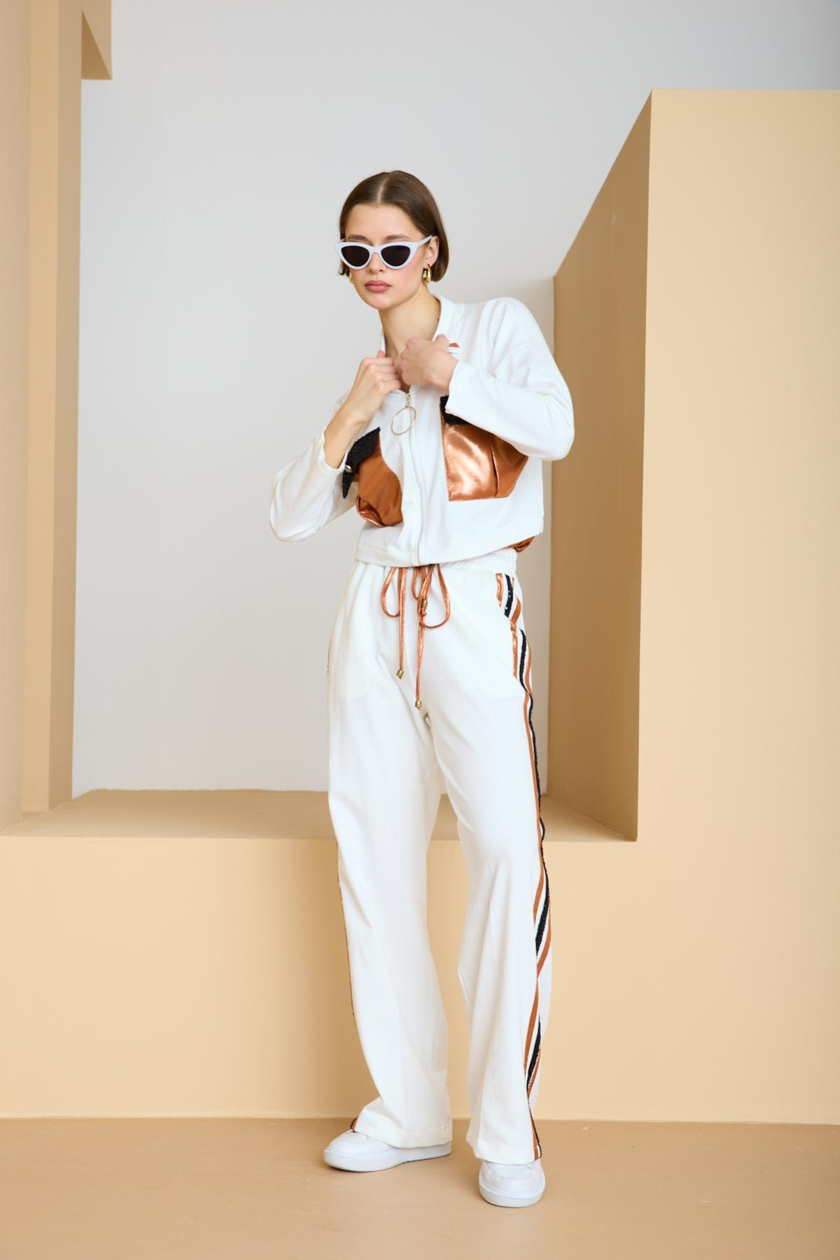 Wholesale Women White-Copper Zip Up Cropped Jacket and Side Stripes Pants Set 729240