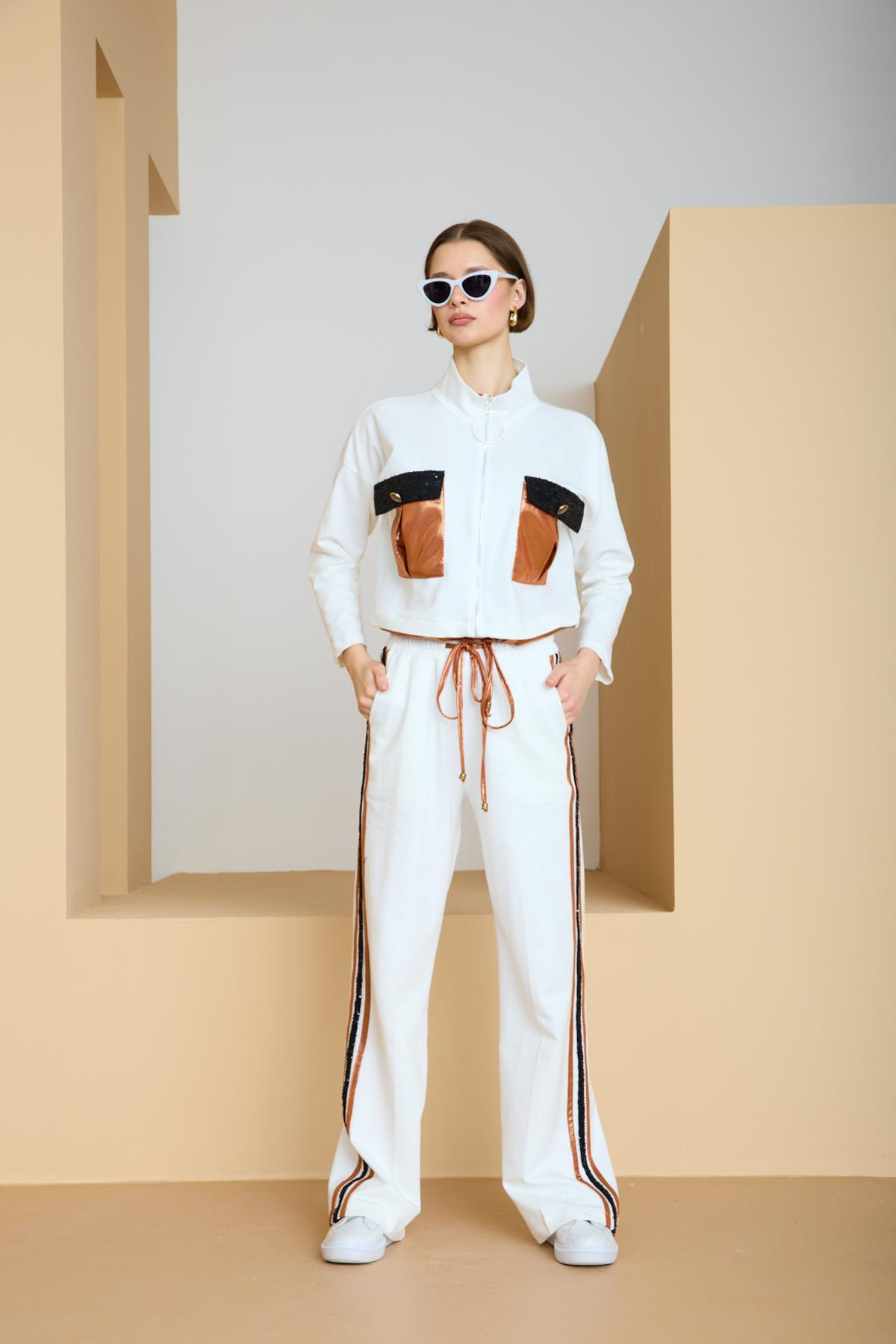 Wholesale Women White-Copper Zip Up Cropped Jacket and Side Stripes Pants Set 729240