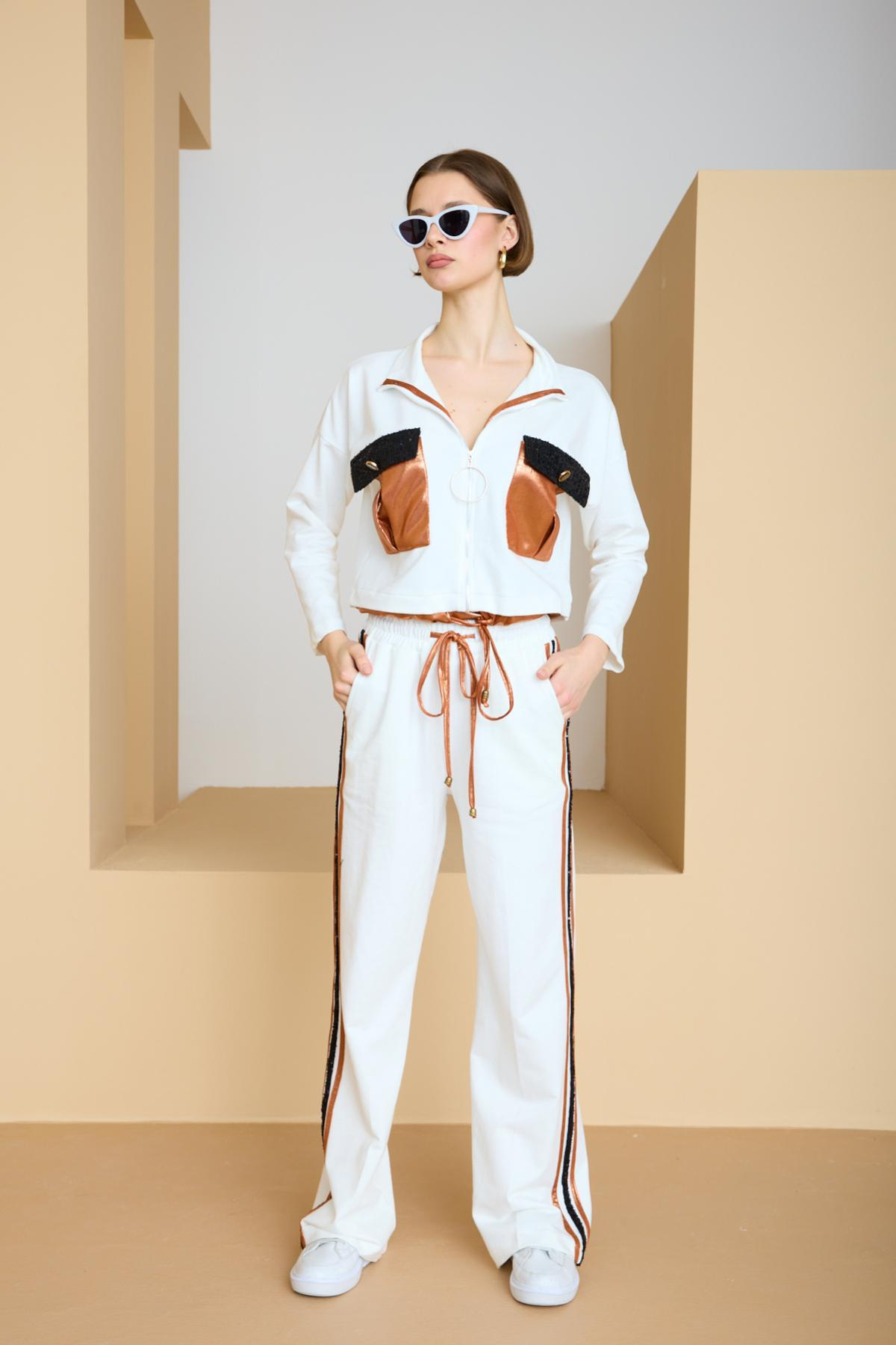 Wholesale Women White-Copper Zip Up Cropped Jacket and Side Stripes Pants Set 729240