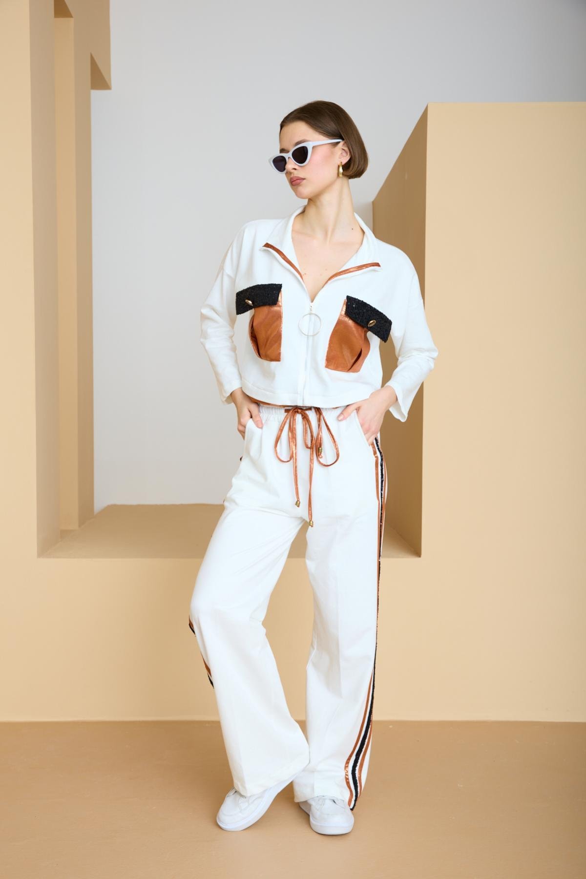 Wholesale Women White-Copper Zip Up Cropped Jacket and Side Stripes Pants Set 729240
