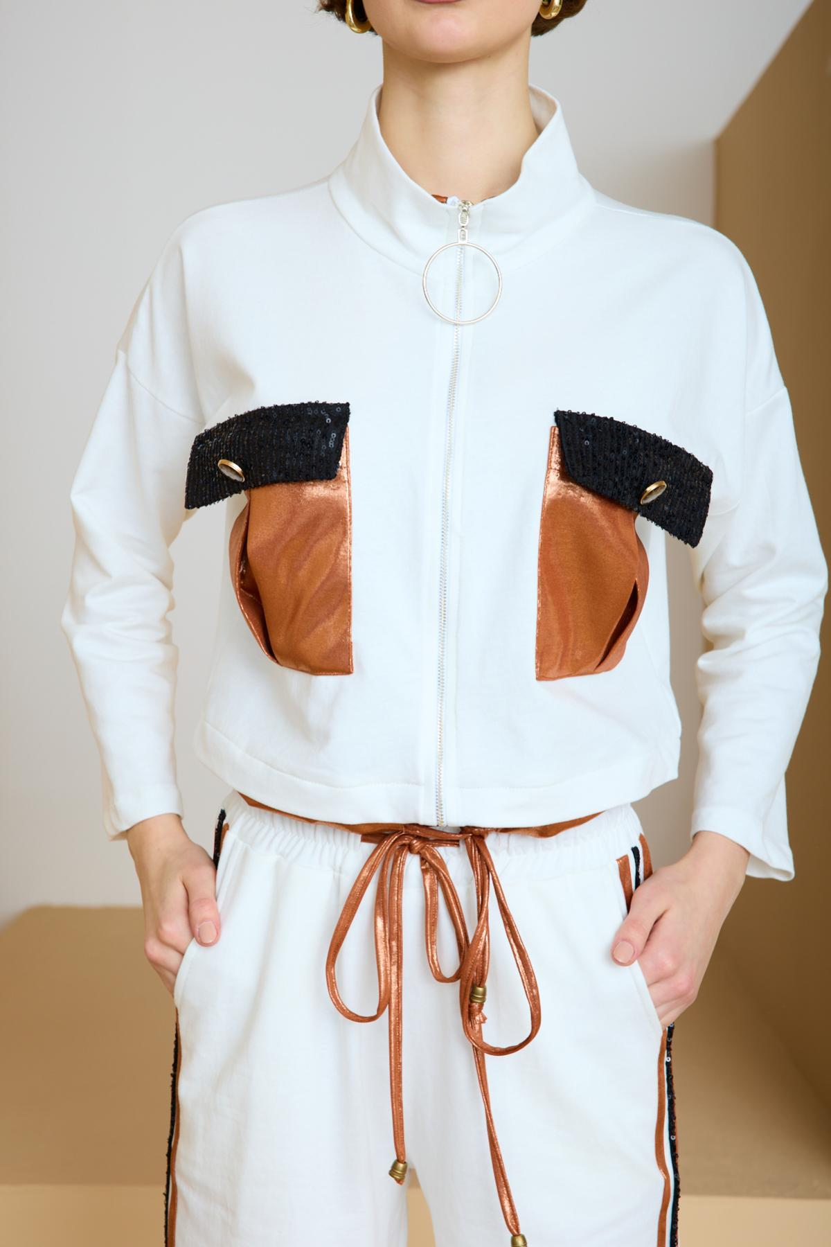 Wholesale Women White-Copper Zip Up Cropped Jacket and Side Stripes Pants Set 729240