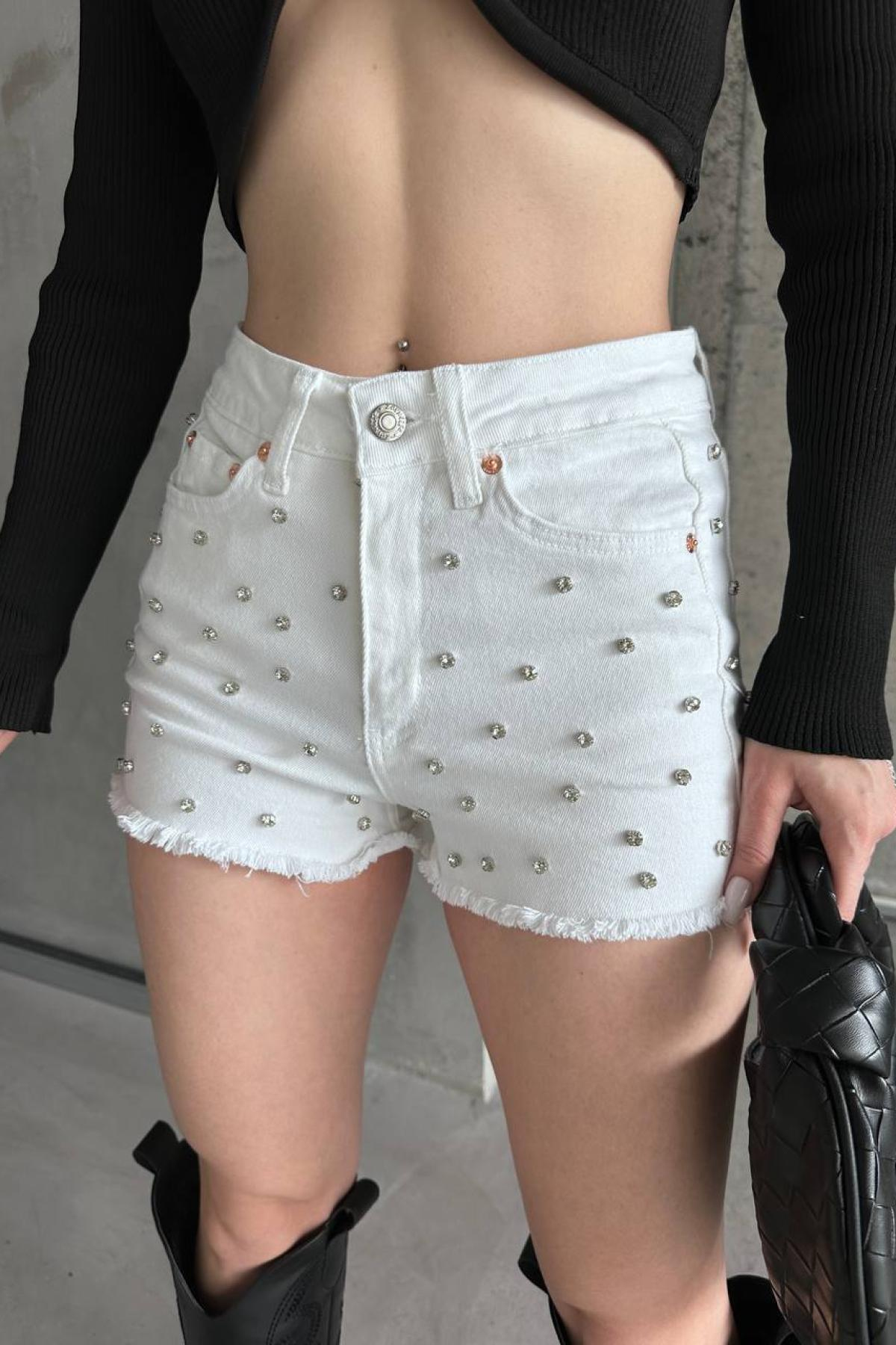 Wholesale Women White Denim Rhinestone Shorts 732074