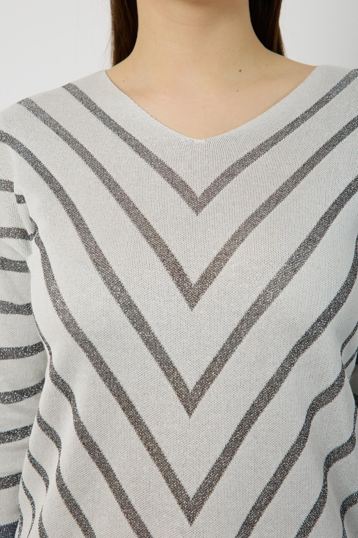 Wholesale Women White Glitter V Neck Knit Blouse with Buttons on Sleeves 724818