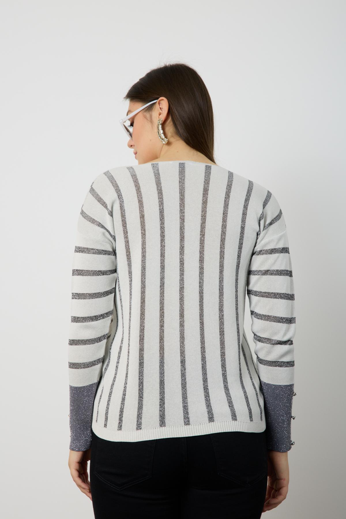 Wholesale Women White Glitter V Neck Knit Blouse with Buttons on Sleeves 724818