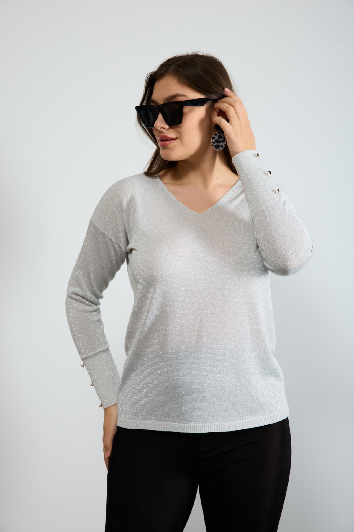 Wholesale Women White Glittery V Neck Knit Blouse with Wide Cuffs 724840
