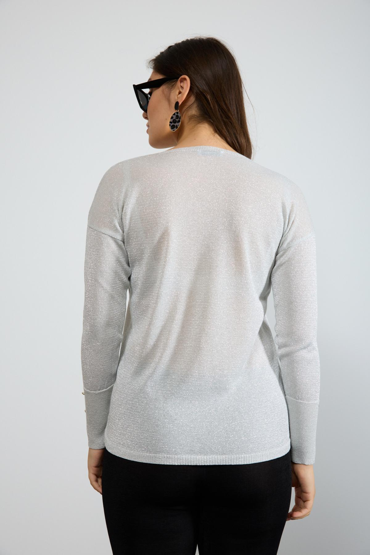 Wholesale Women White Glittery V Neck Knit Blouse with Wide Cuffs 724840