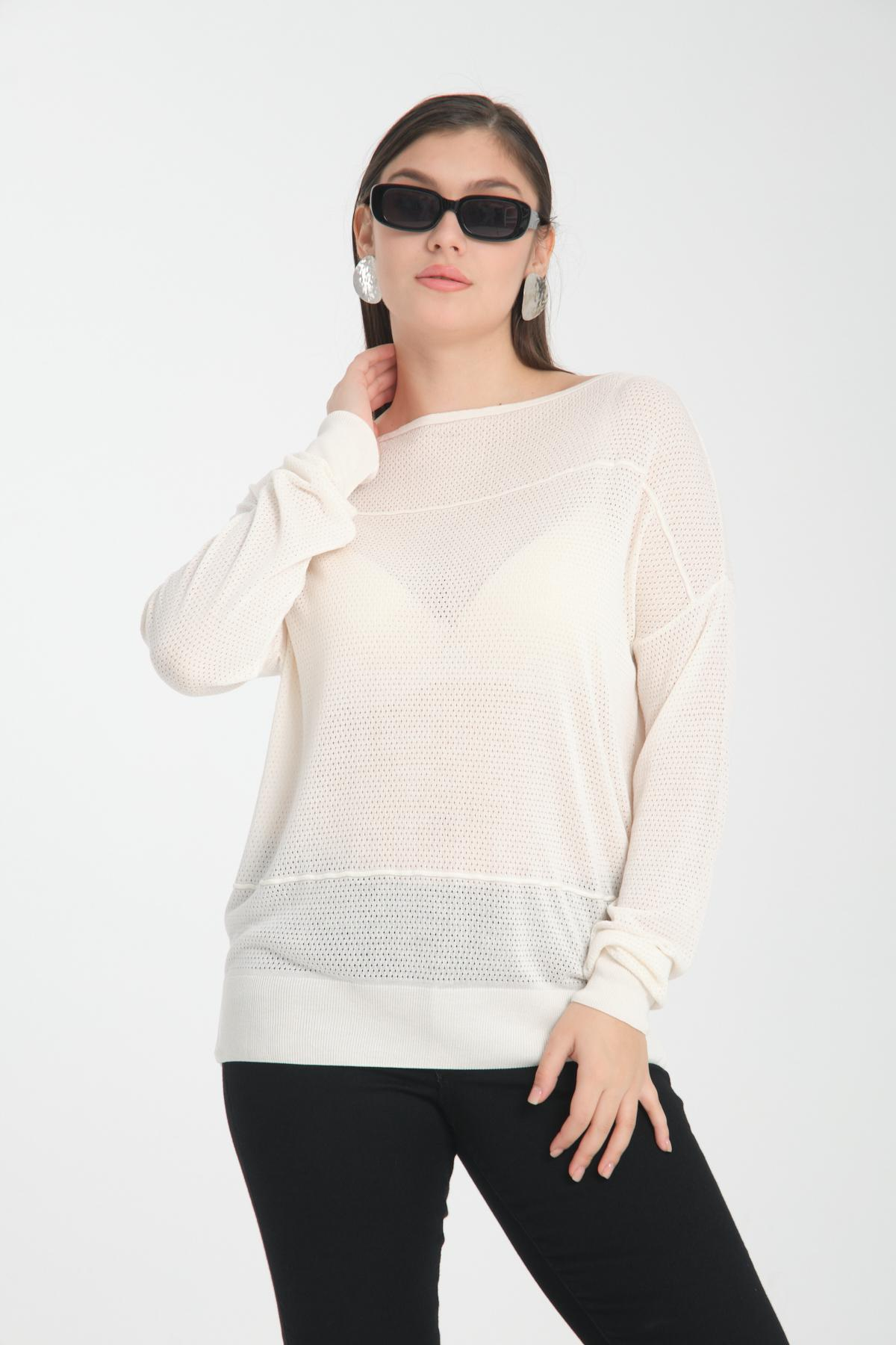 Wholesale Women White Openwork Boat Neck Knit Blouse 722635