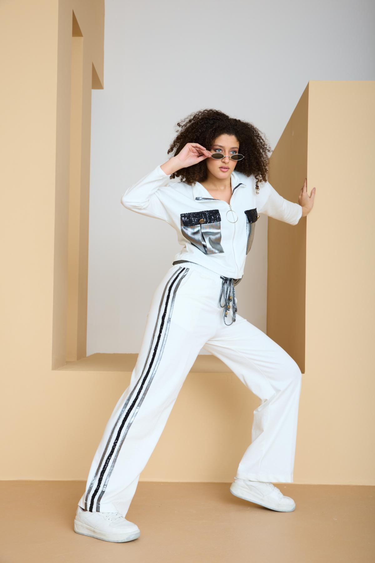 Wholesale Women White-Silver Zip Up Cropped Jacket and Side Stripes Pants Set 729241