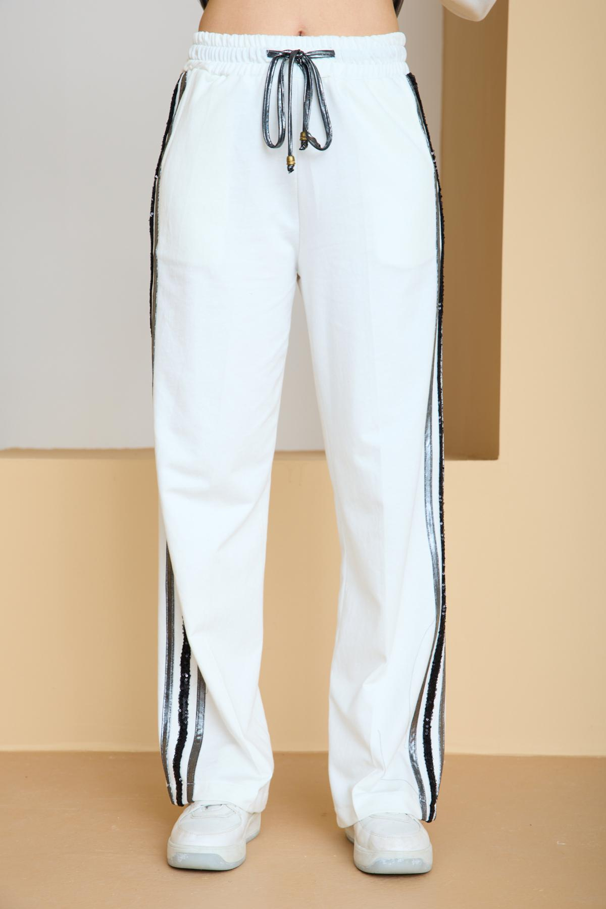 Wholesale Women White-Silver Zip Up Cropped Jacket and Side Stripes Pants Set 729241