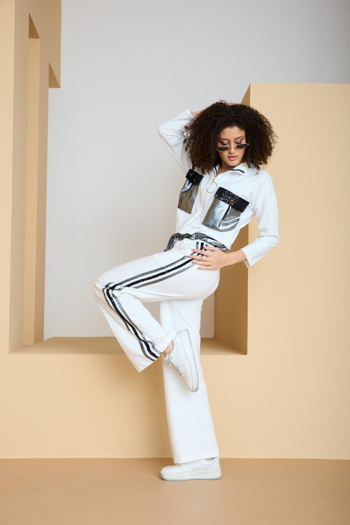 Wholesale Women White-Silver Zip Up Cropped Jacket and Side Stripes Pants Set 729241