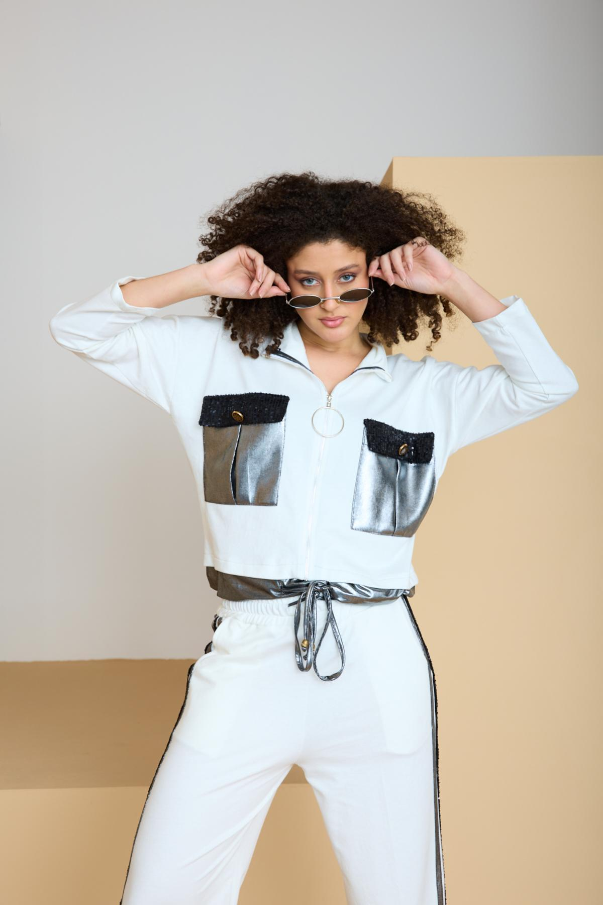 Wholesale Women White-Silver Zip Up Cropped Jacket and Side Stripes Pants Set 729241
