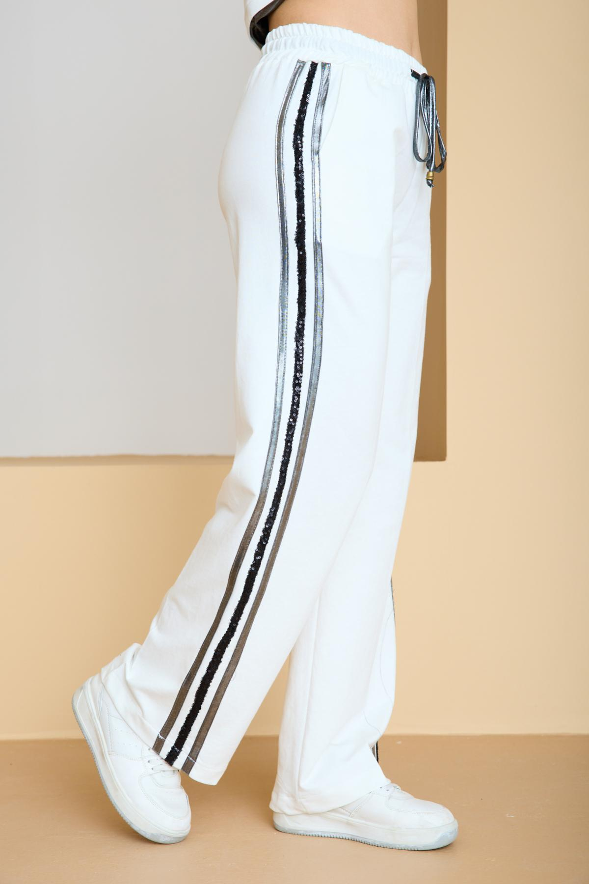 Wholesale Women White-Silver Zip Up Cropped Jacket and Side Stripes Pants Set 729241