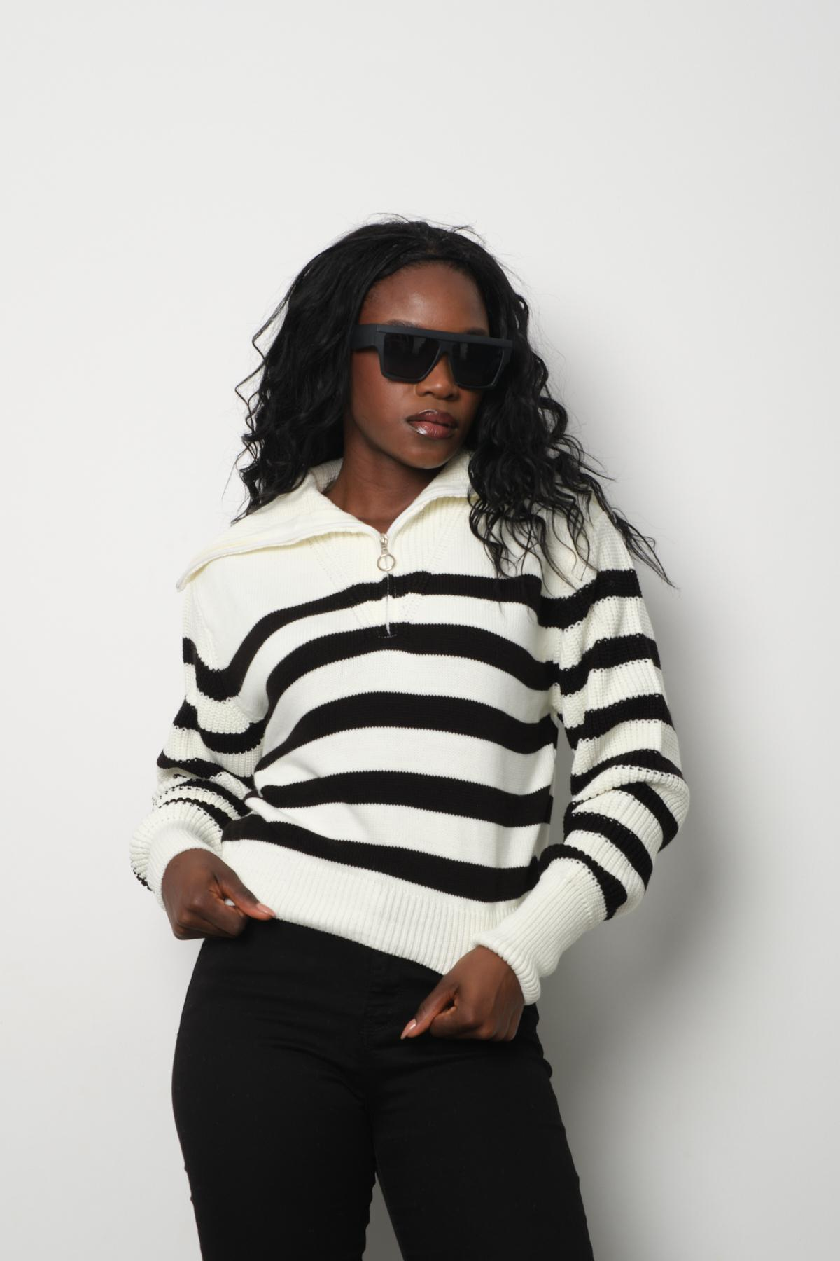 Wholesale Women White Striped Zip Neck Knit Blouse 713313