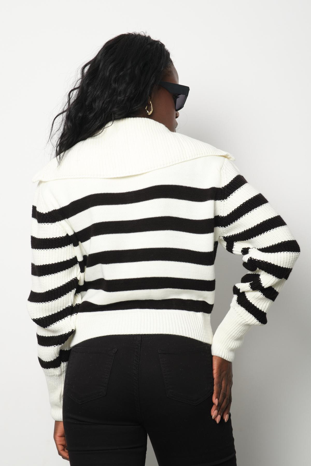 Wholesale Women White Striped Zip Neck Knit Blouse 713313