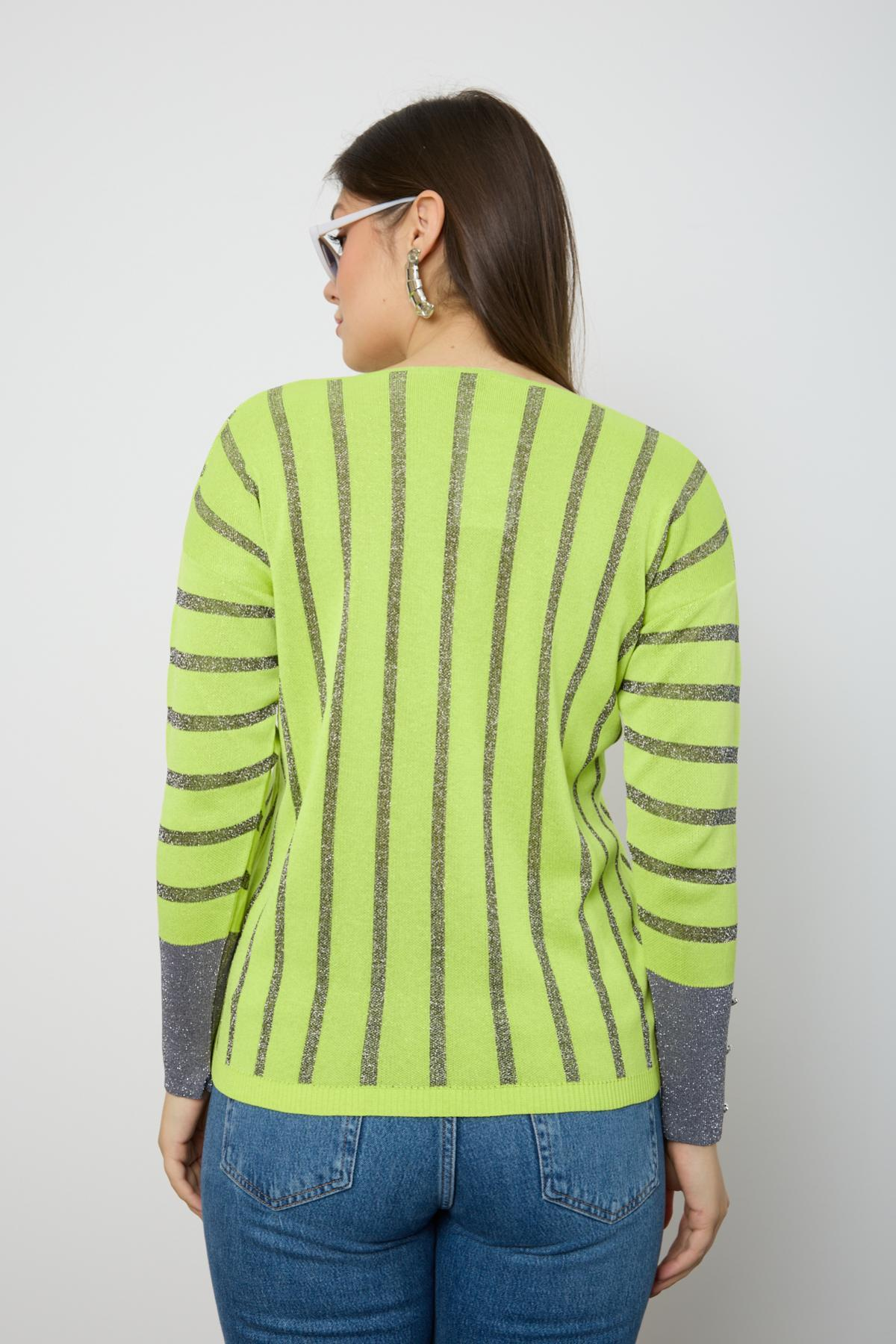 Wholesale Women Yellow Glitter V Neck Knit Blouse with Buttons on Sleeves 724824