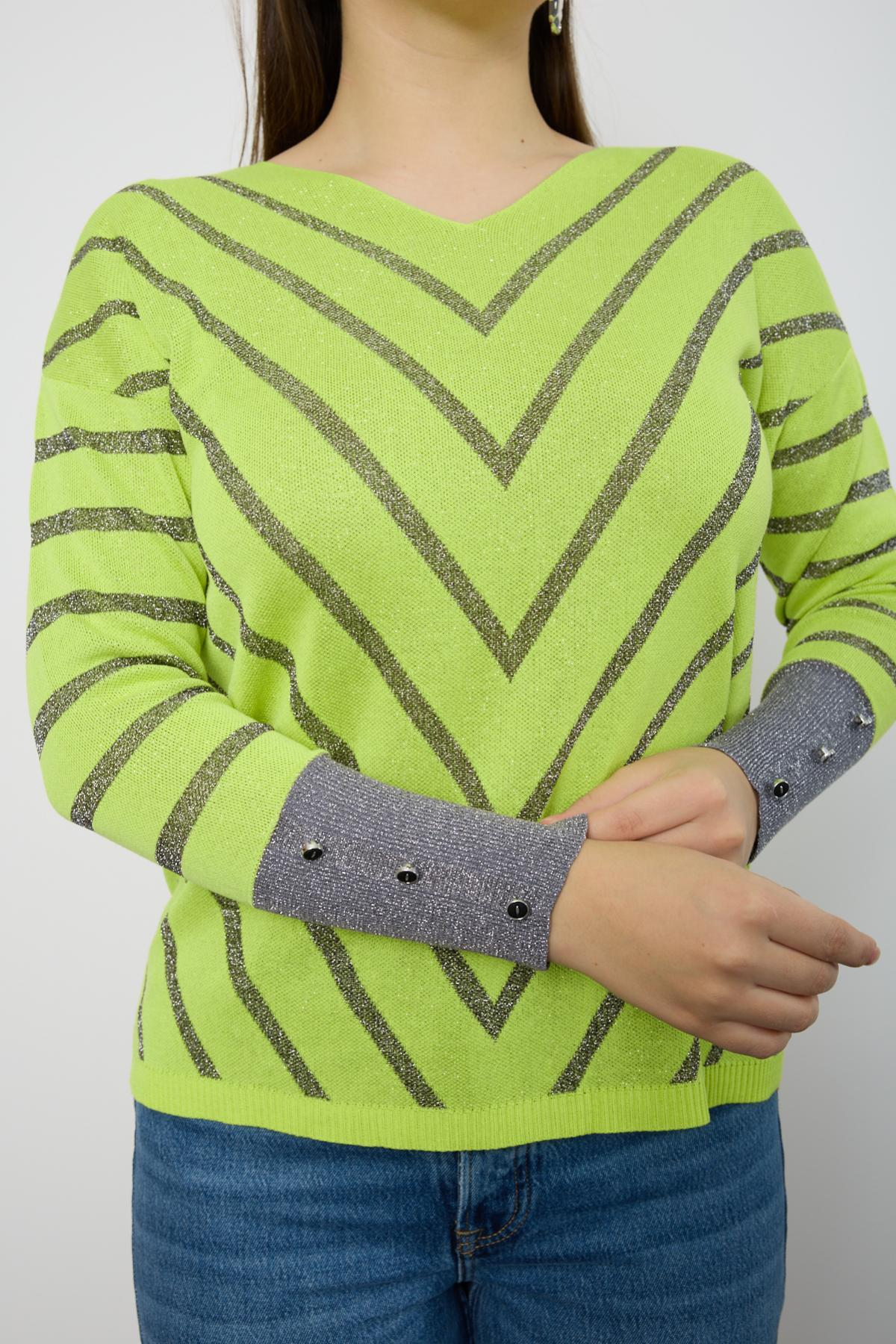Wholesale Women Yellow Glitter V Neck Knit Blouse with Buttons on Sleeves 724824